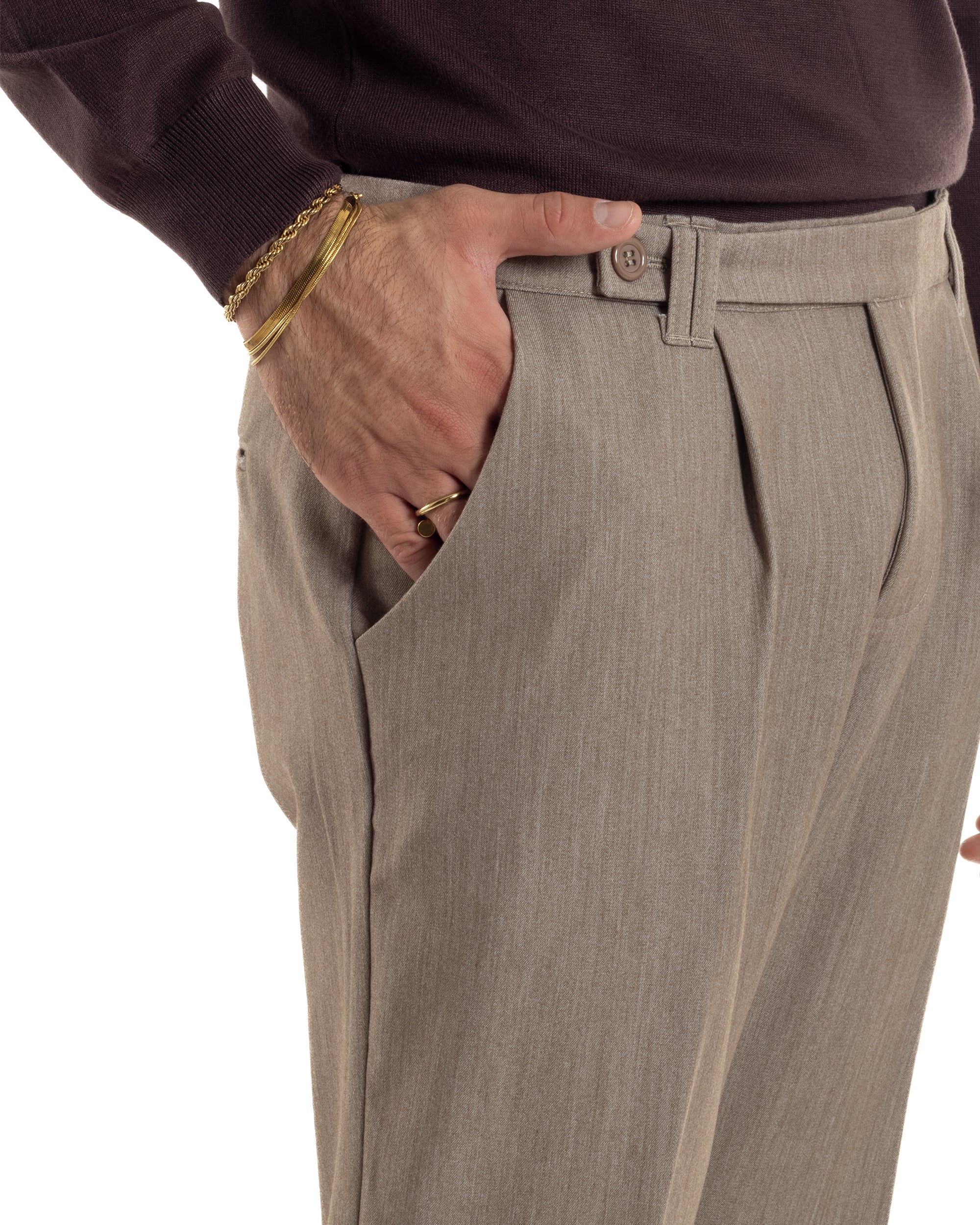 Pantaloni Uomo Viscosa Pinces Classico Abbottonatura Allungata Beige Melangiato P6392A