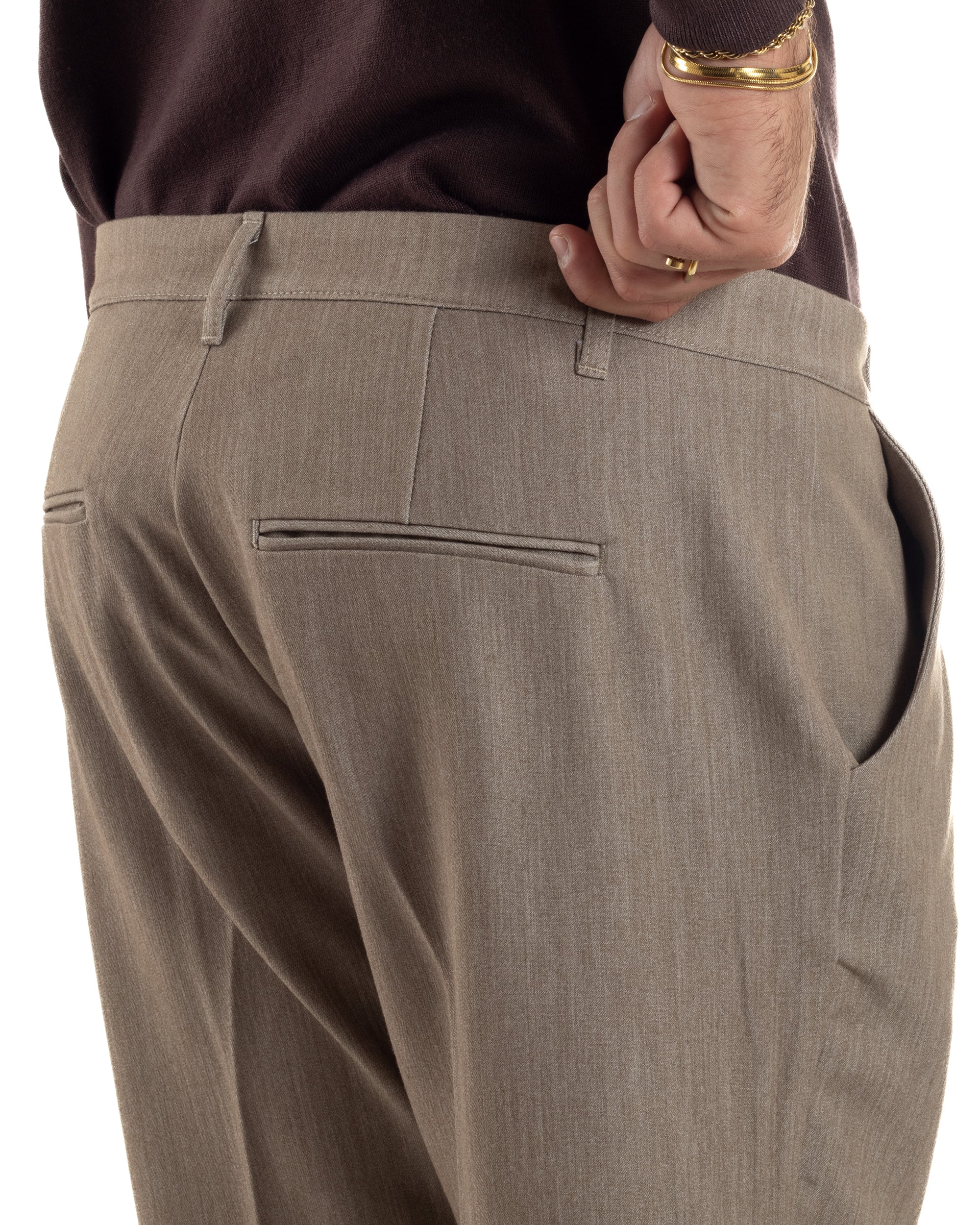 Pantaloni Uomo Viscosa Pinces Classico Abbottonatura Allungata Beige Melangiato P6392A