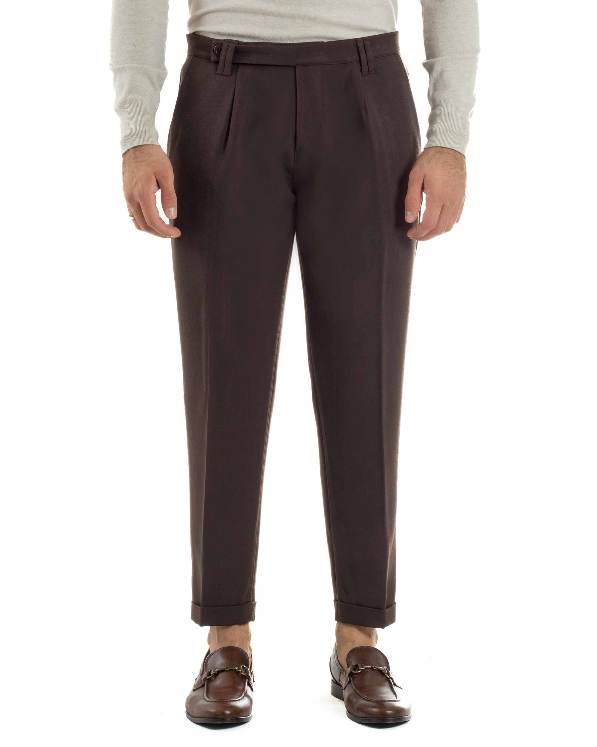 Pantaloni Uomo Viscosa Pinces Classico Abbottonatura Allungata Marrone P6395A