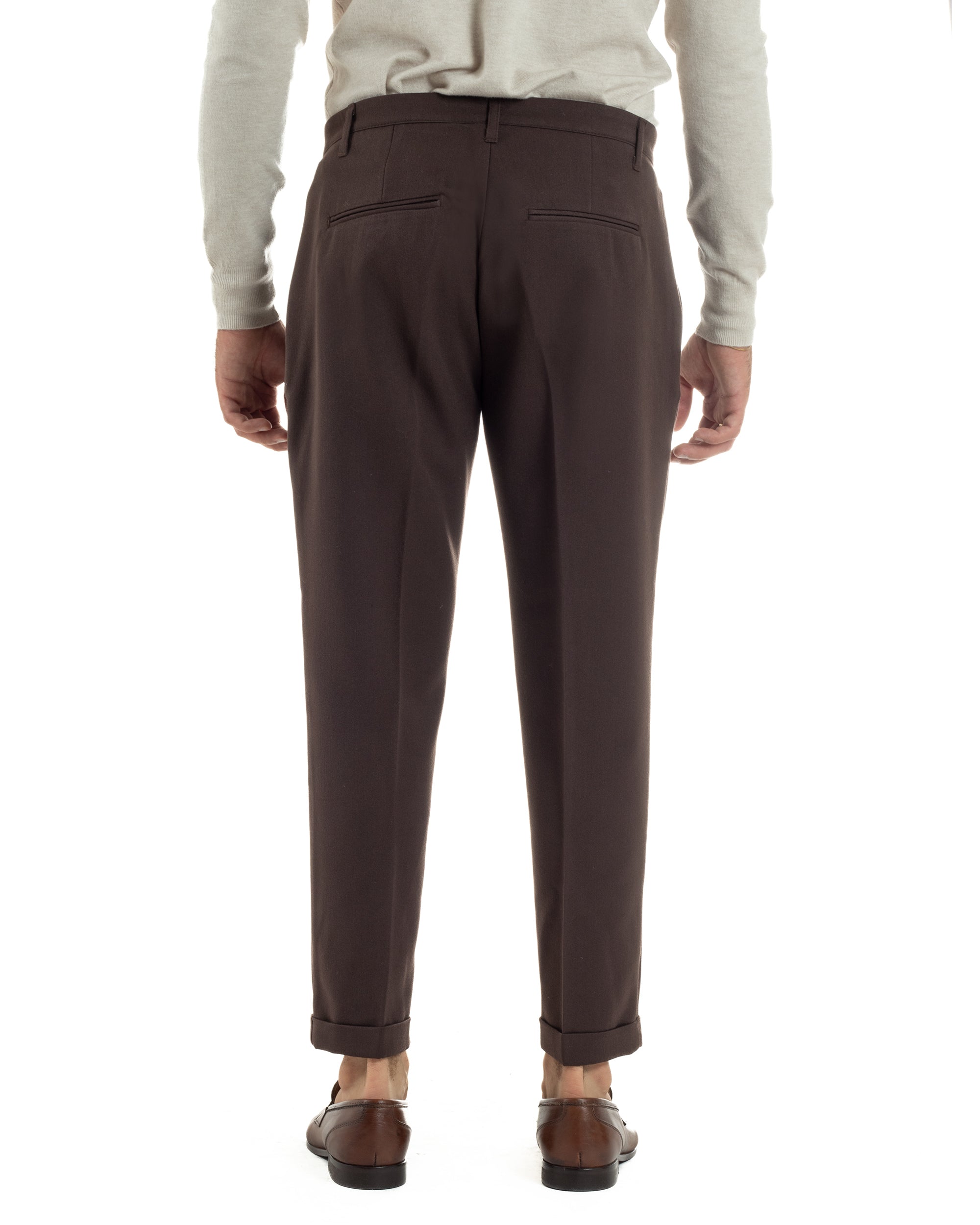 Pantaloni Uomo Viscosa Pinces Classico Abbottonatura Allungata Marrone P6395A