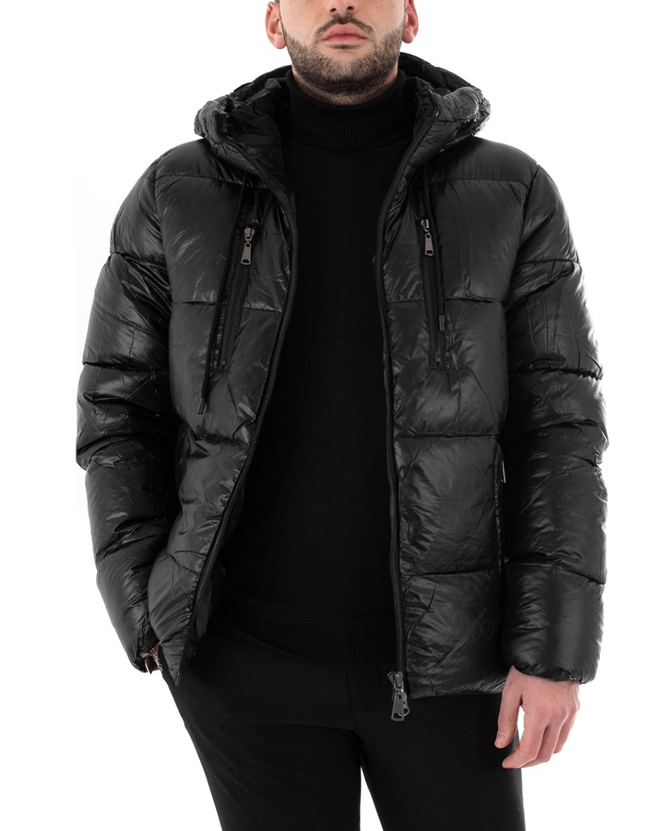 Giubbotto Uomo Bomber Tinta Unita Nero Lucido Opaco Puffer Trapuntato Cappuccio GIOSAL-G2729A