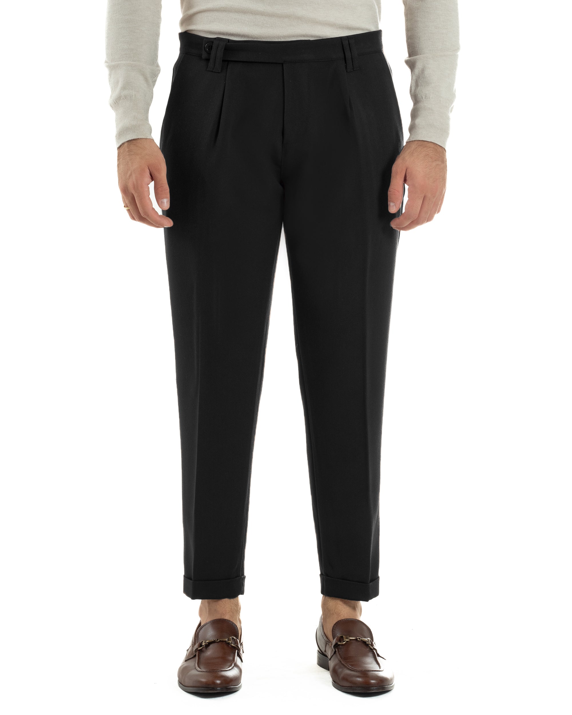 Pantaloni Uomo Viscosa Pinces Classico Abbottonatura Allungata Nero P6396A