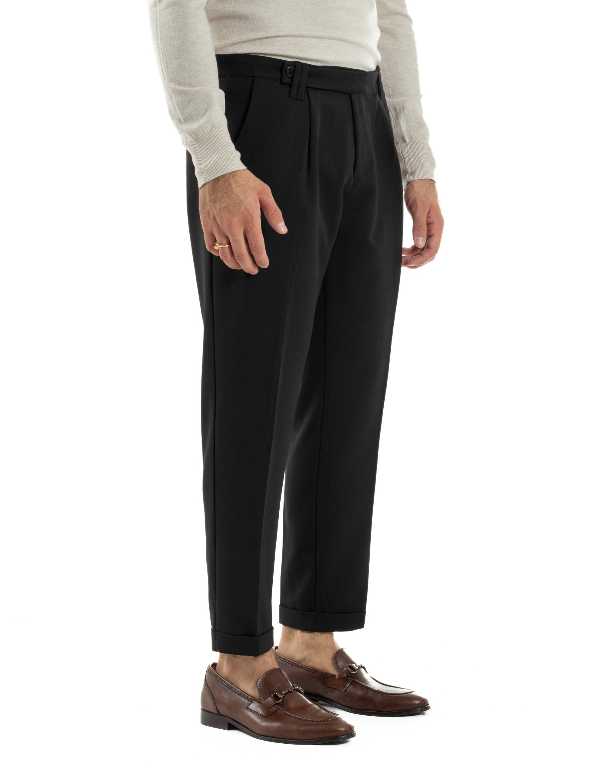 Pantaloni Uomo Viscosa Pinces Classico Abbottonatura Allungata Nero P6396A