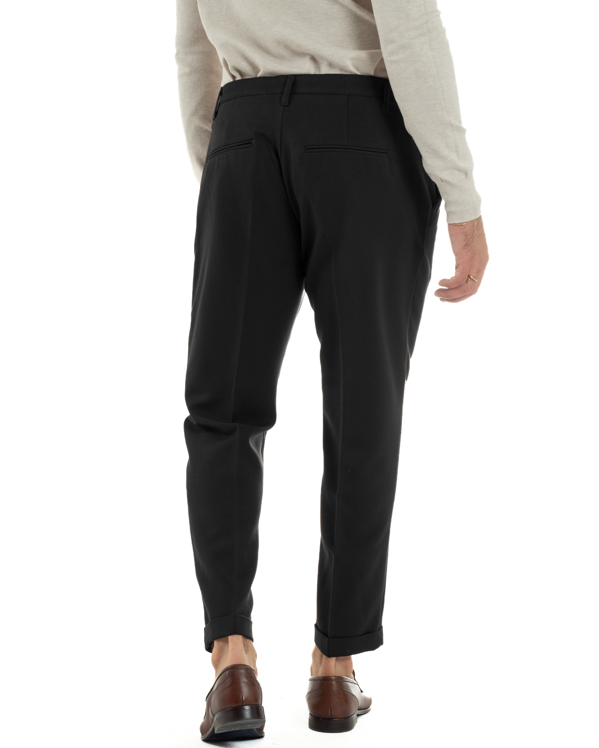 Pantaloni Uomo Viscosa Pinces Classico Abbottonatura Allungata Nero P6396A