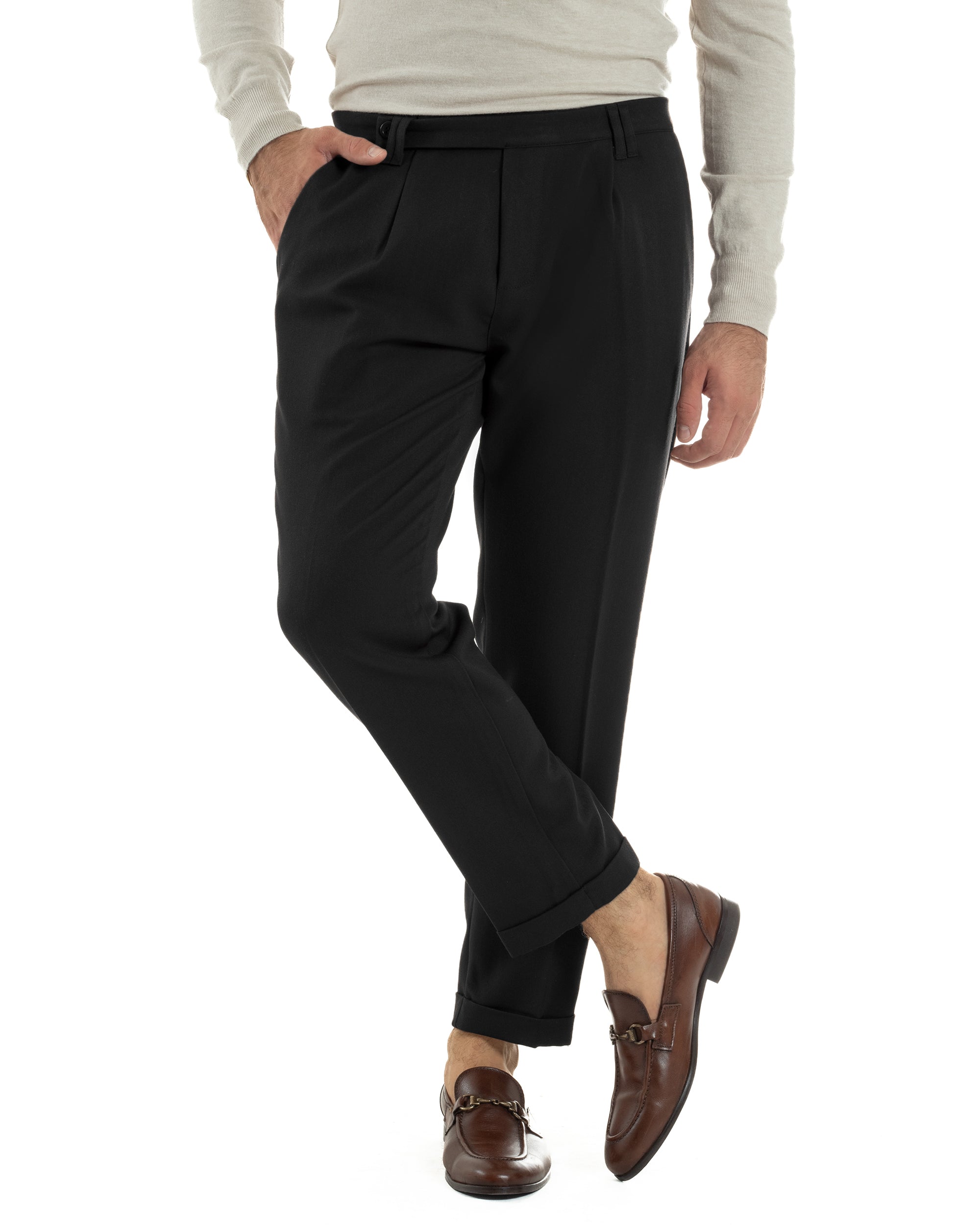 Pantaloni Uomo Viscosa Pinces Classico Abbottonatura Allungata Nero P6396A