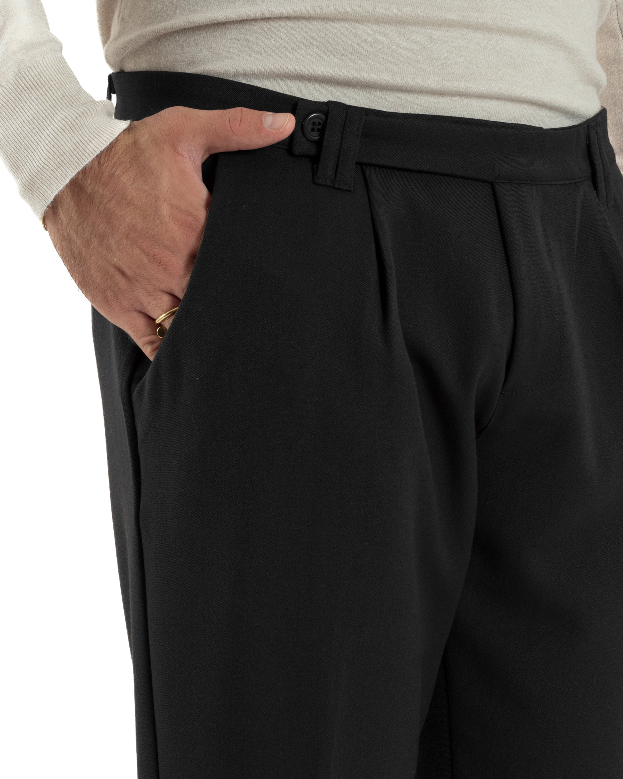 Pantaloni Uomo Viscosa Pinces Classico Abbottonatura Allungata Nero P6396A