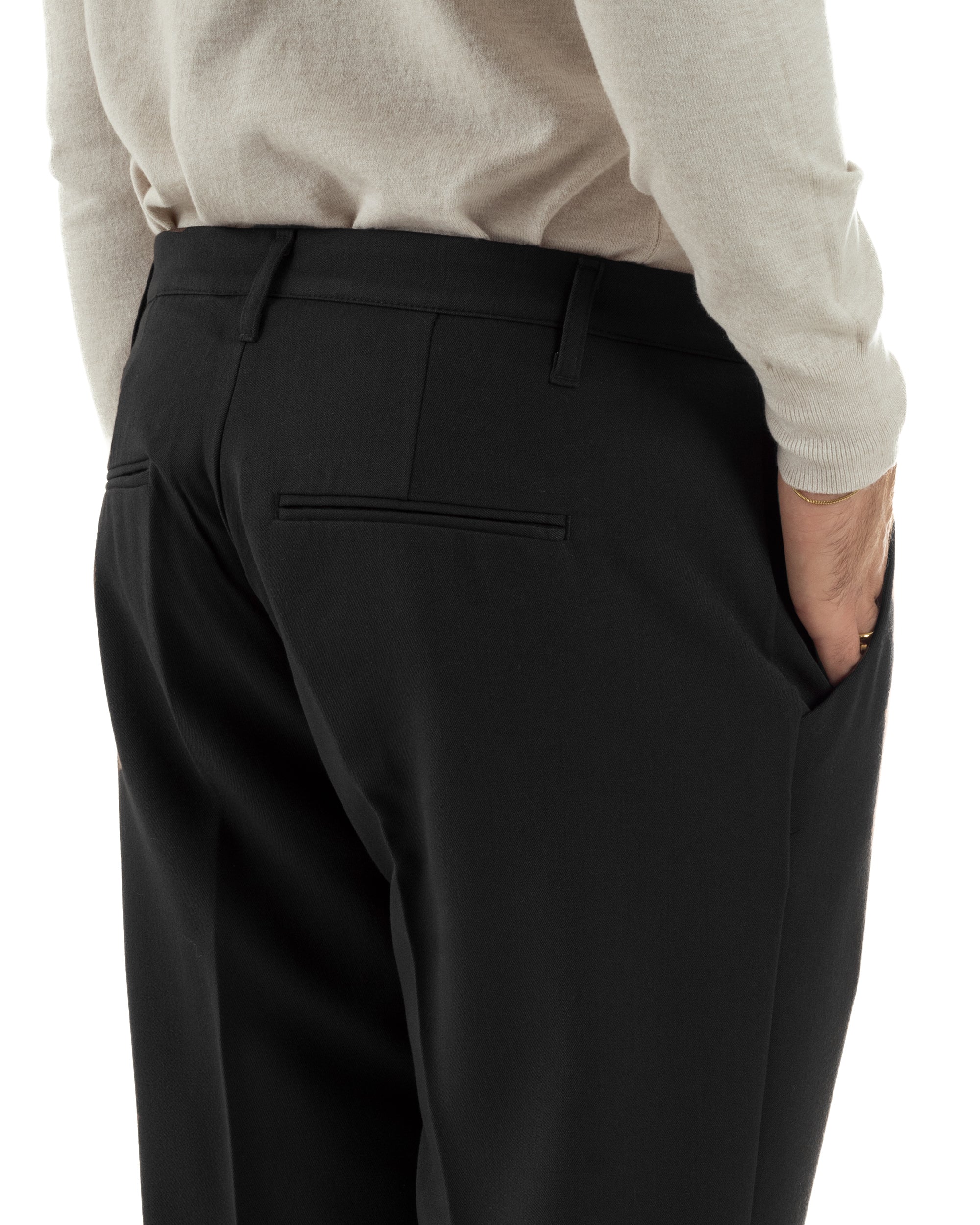 Pantaloni Uomo Viscosa Pinces Classico Abbottonatura Allungata Nero P6396A