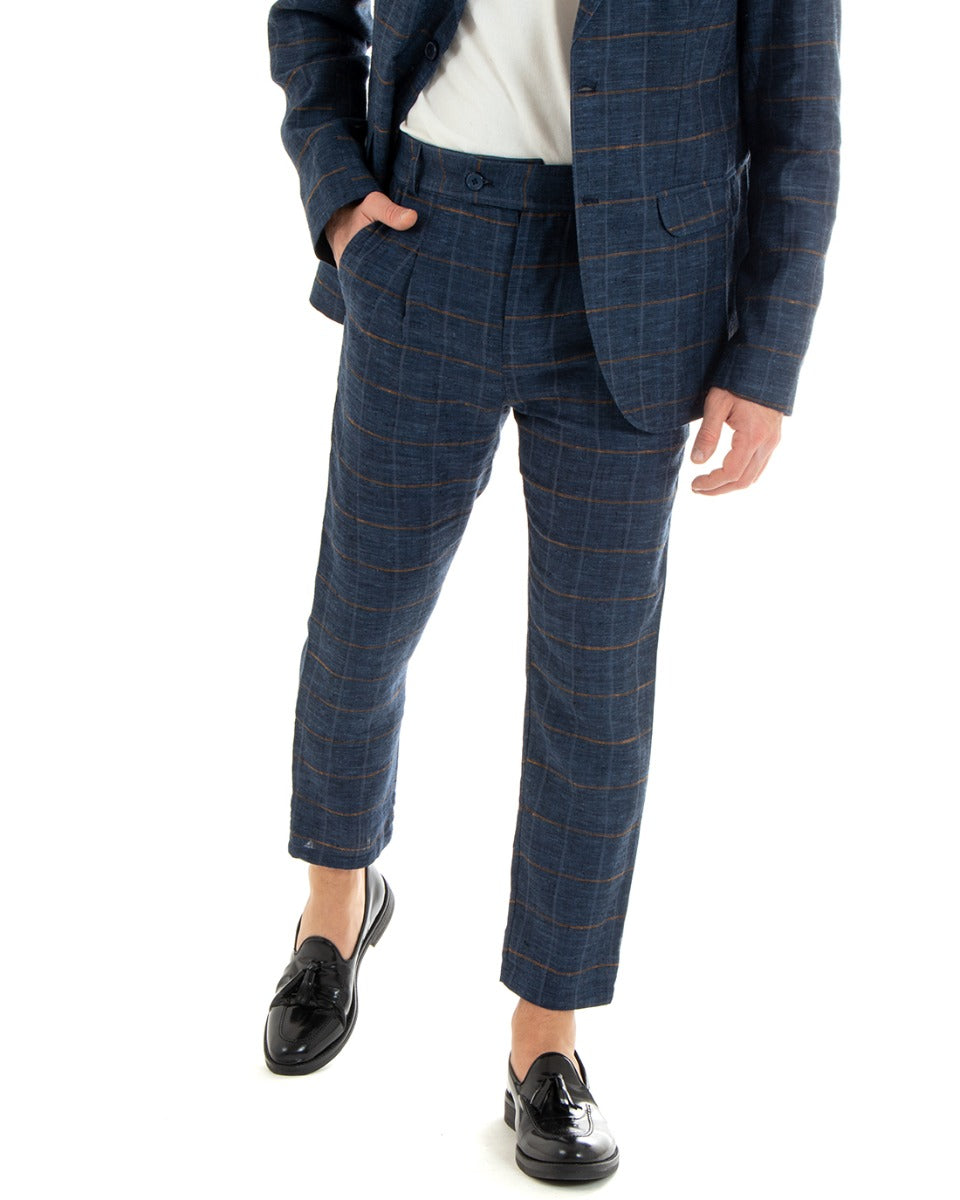 Pantaloni Uomo Tasca America Lino Classico Sartoriale Con Abbottonatura Allungata Con Pinces Scozzese Tartan Blu GIOSAL-P5366A