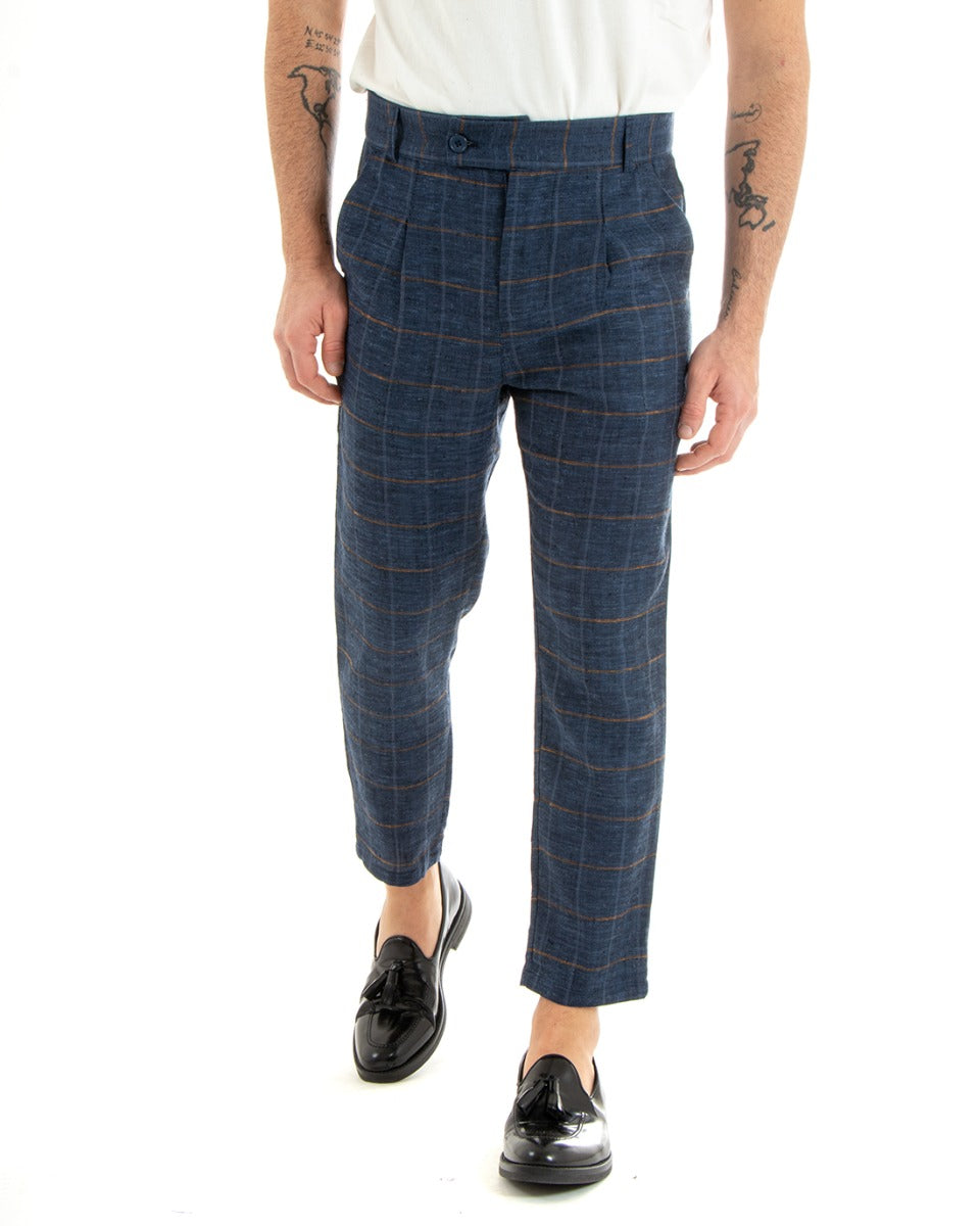 Pantaloni Uomo Tasca America Lino Classico Sartoriale Con Abbottonatura Allungata Con Pinces Scozzese Tartan Blu GIOSAL-P5366A