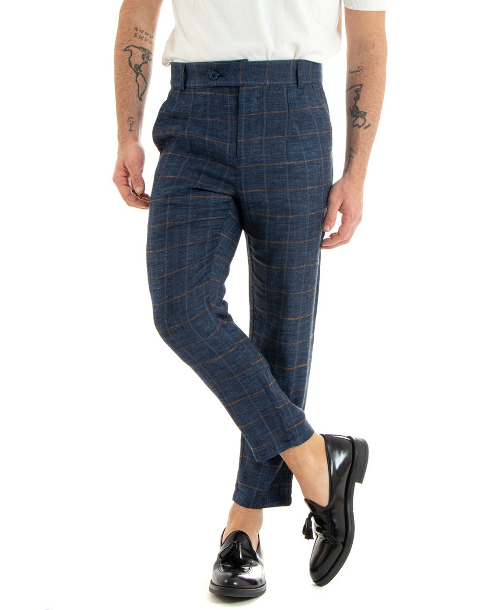Pantaloni Uomo Tasca America Lino Classico Sartoriale Con Abbottonatura Allungata Con Pinces Scozzese Tartan Blu GIOSAL-P5366A