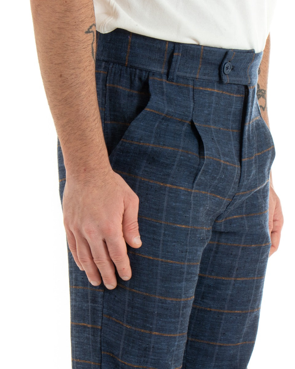 Pantaloni Uomo Tasca America Lino Classico Sartoriale Con Abbottonatura Allungata Con Pinces Scozzese Tartan Blu GIOSAL-P5366A