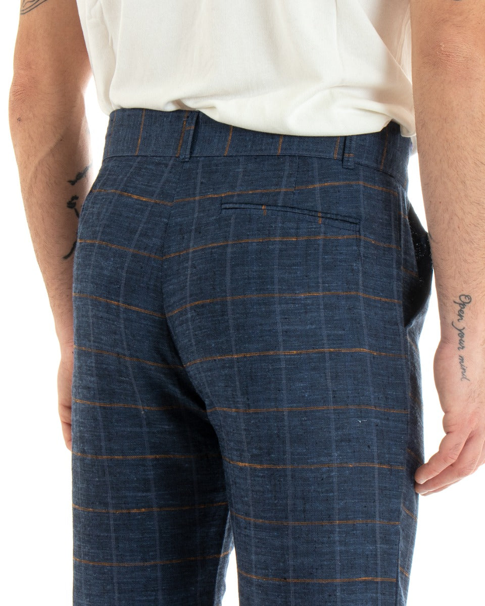 Pantaloni Uomo Tasca America Lino Classico Sartoriale Con Abbottonatura Allungata Con Pinces Scozzese Tartan Blu GIOSAL-P5366A