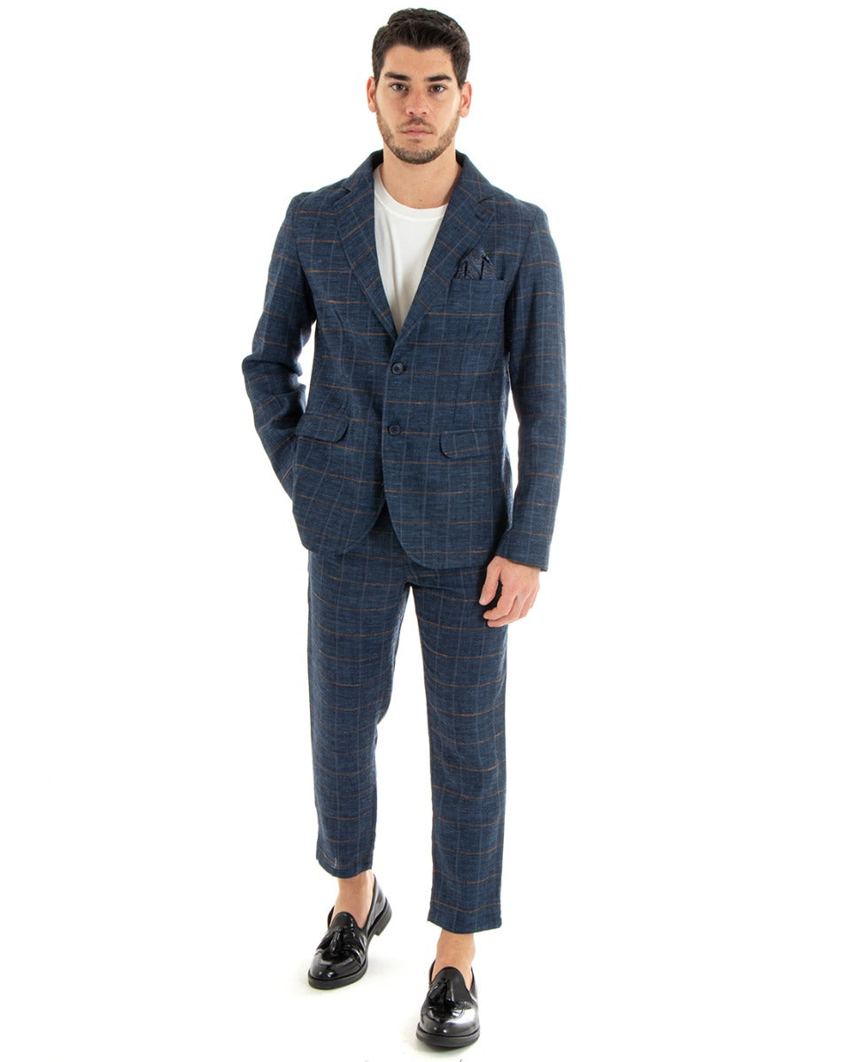 Giacca Uomo Lino Monopetto Quadri Blu Cerimonia Elegante Casual GIOSAL-G2849A