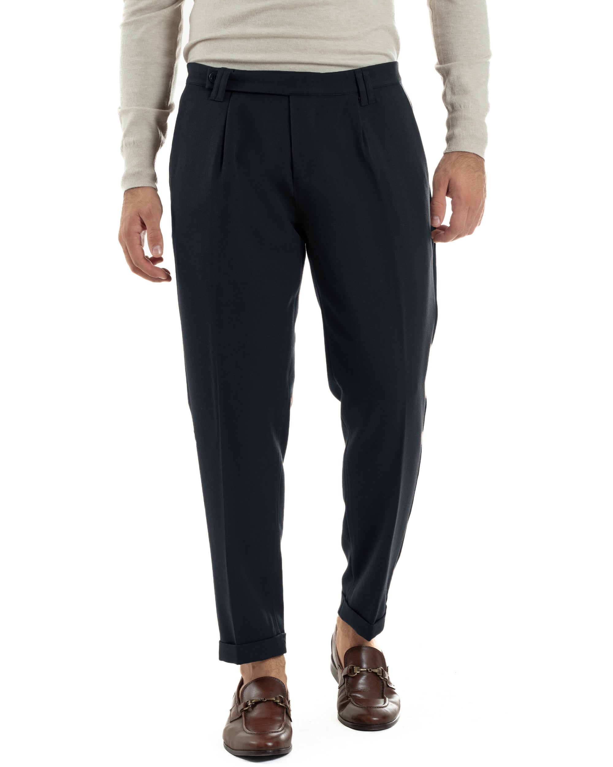 Pantaloni Uomo Viscosa Pinces Classico Abbottonatura Allungata Blu P6394A