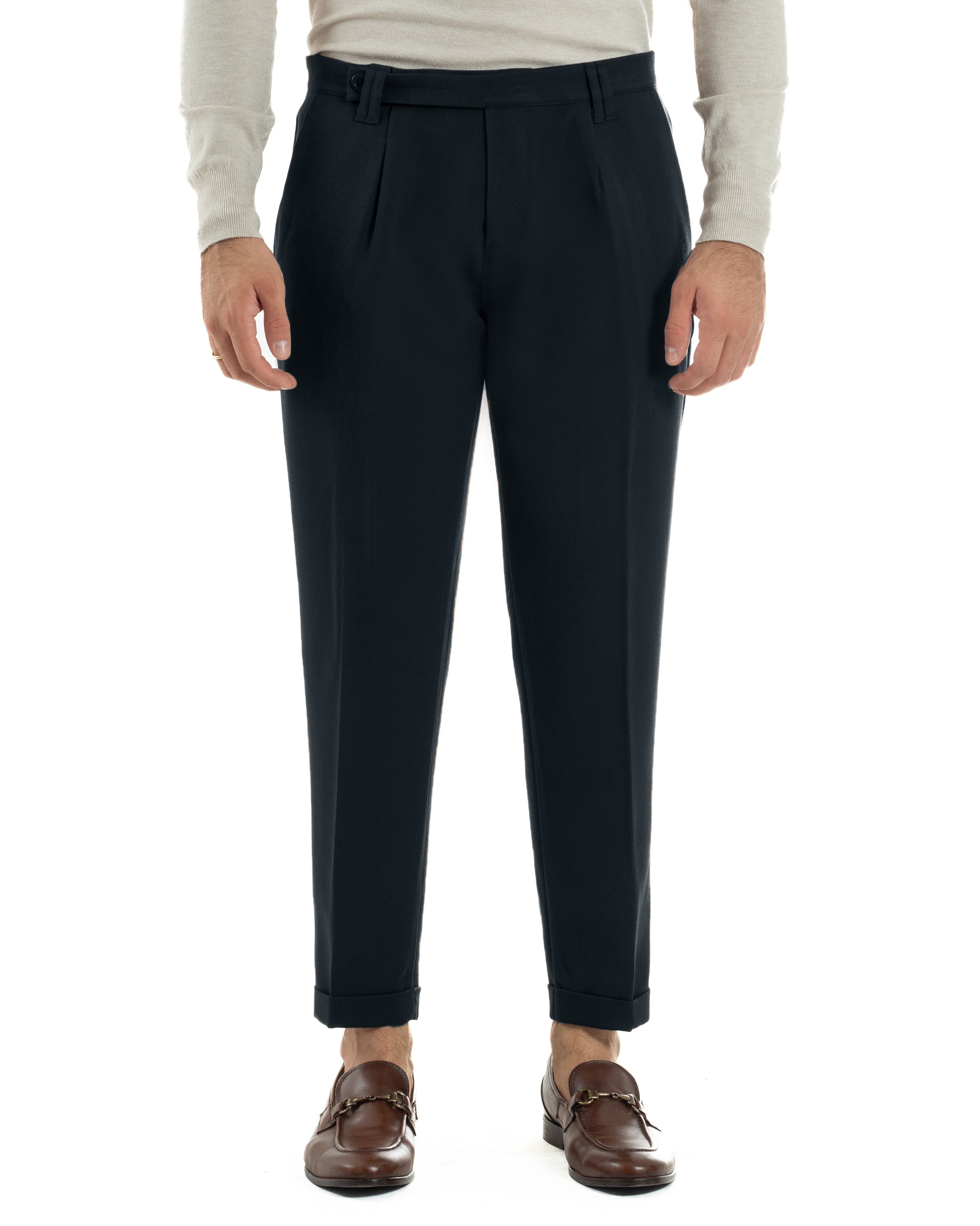 Pantaloni Uomo Viscosa Pinces Classico Abbottonatura Allungata Blu P6394A