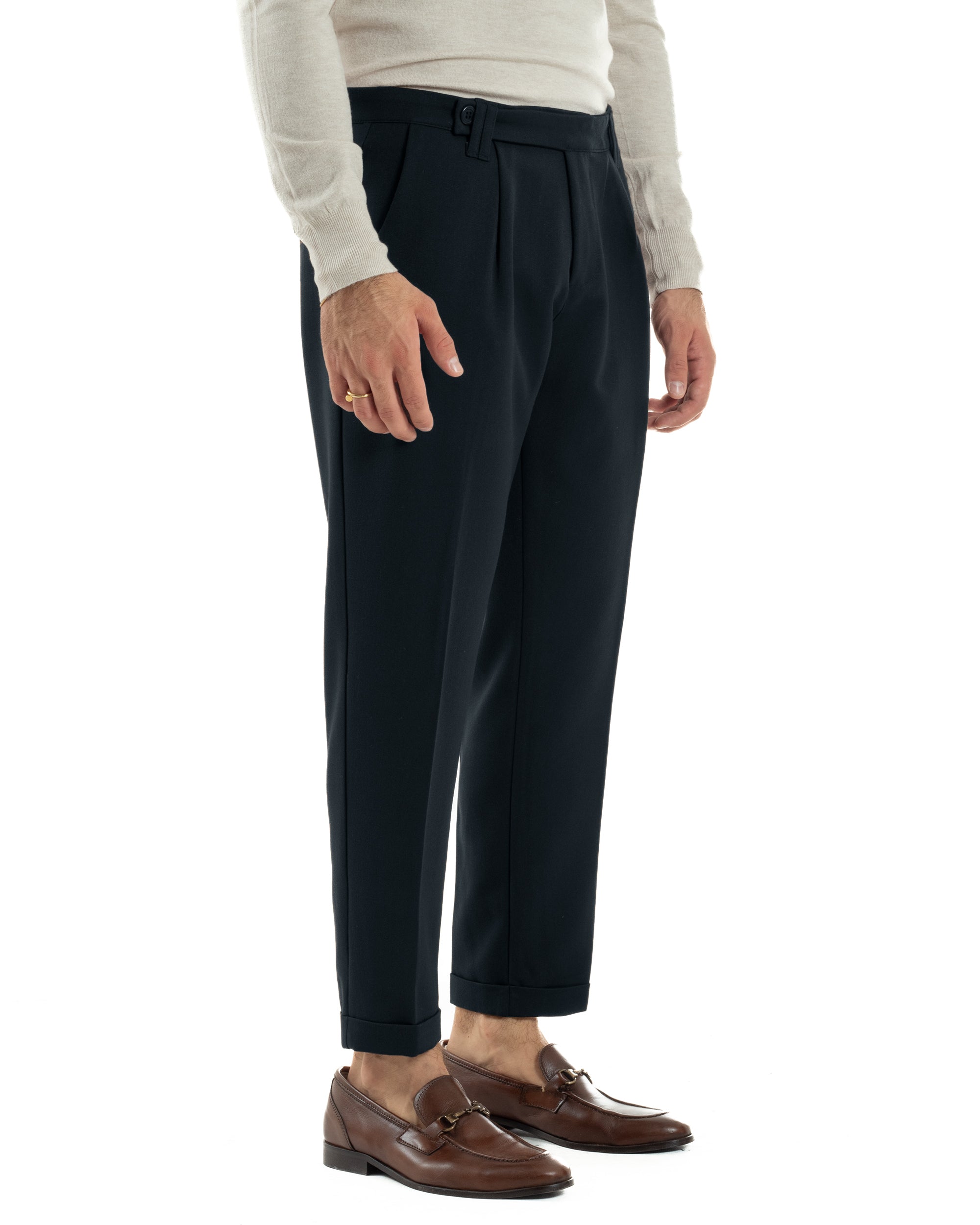 Pantaloni Uomo Viscosa Pinces Classico Abbottonatura Allungata Blu P6394A