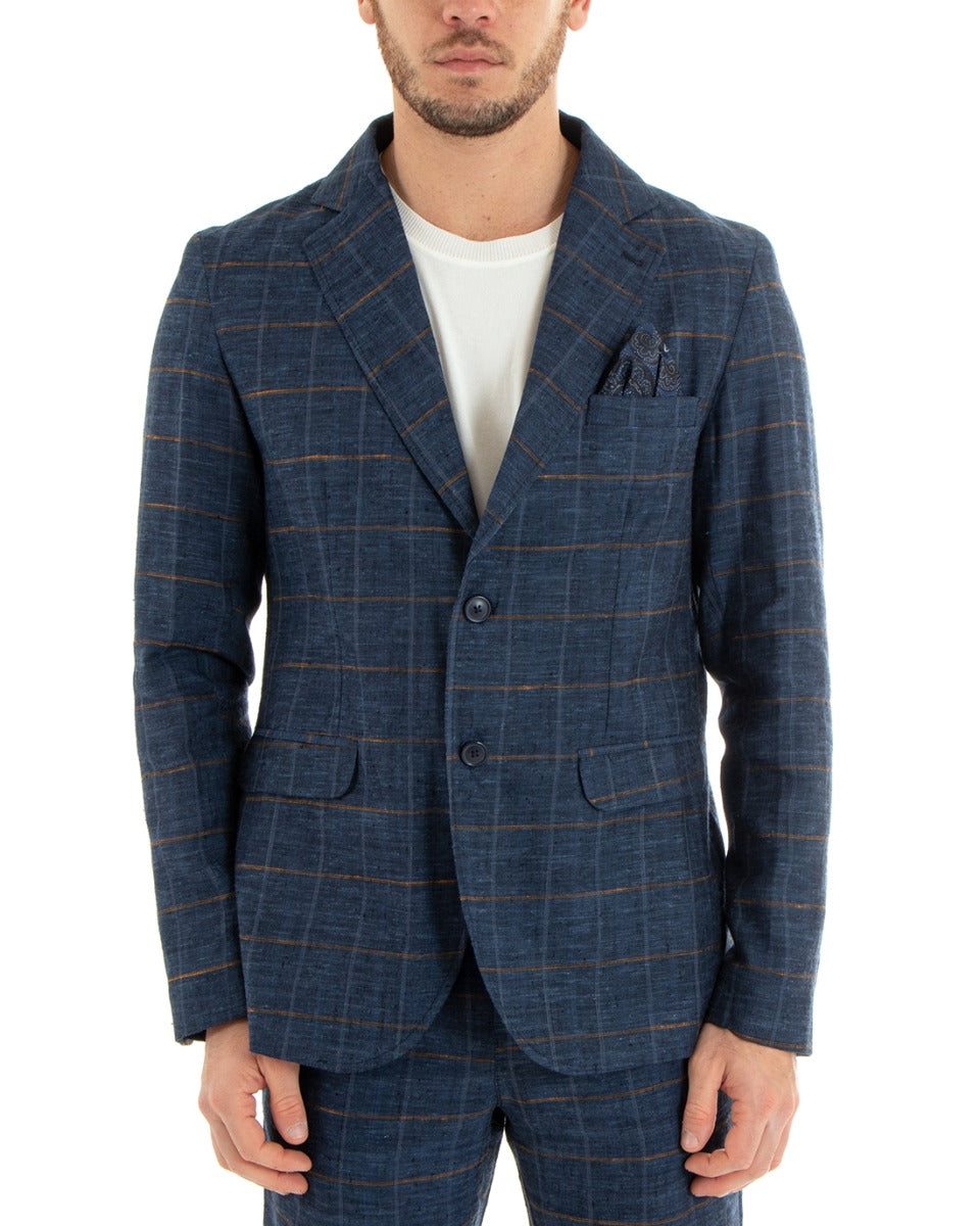 Giacca Uomo Lino Monopetto Quadri Blu Cerimonia Elegante Casual GIOSAL-G2849A