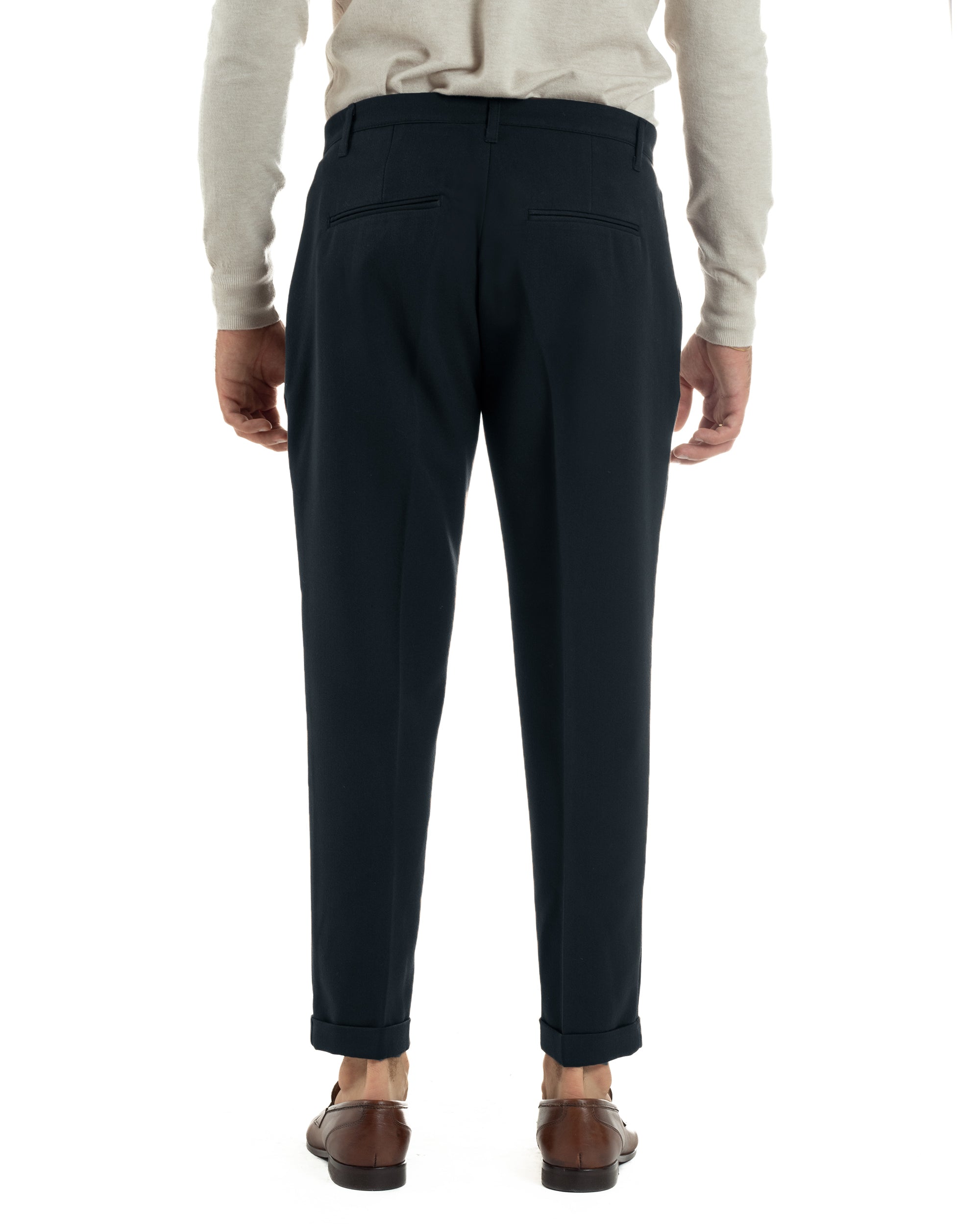 Pantaloni Uomo Viscosa Pinces Classico Abbottonatura Allungata Blu P6394A