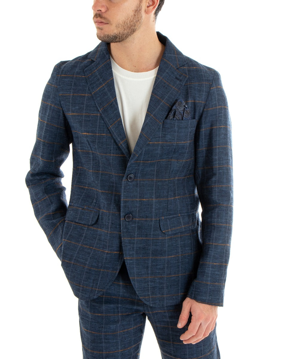 Giacca Uomo Lino Monopetto Quadri Blu Cerimonia Elegante Casual GIOSAL-G2849A