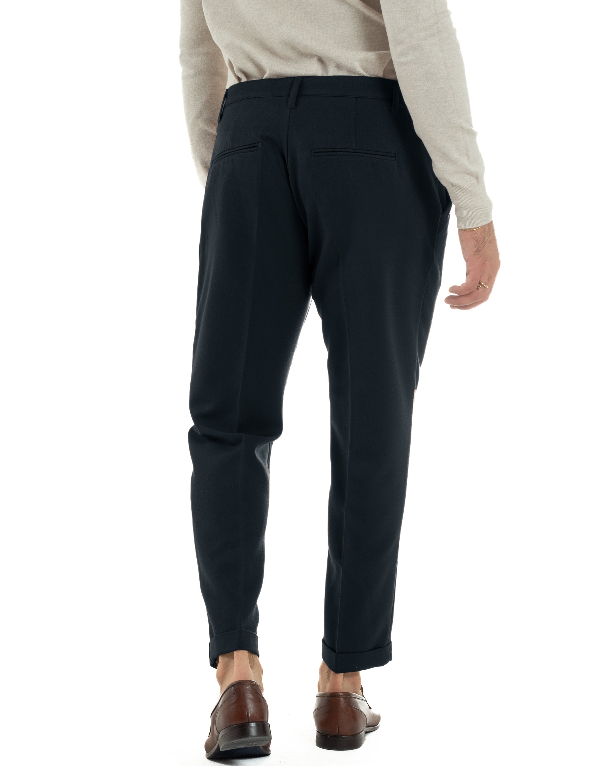 Pantaloni Uomo Viscosa Pinces Classico Abbottonatura Allungata Blu P6394A