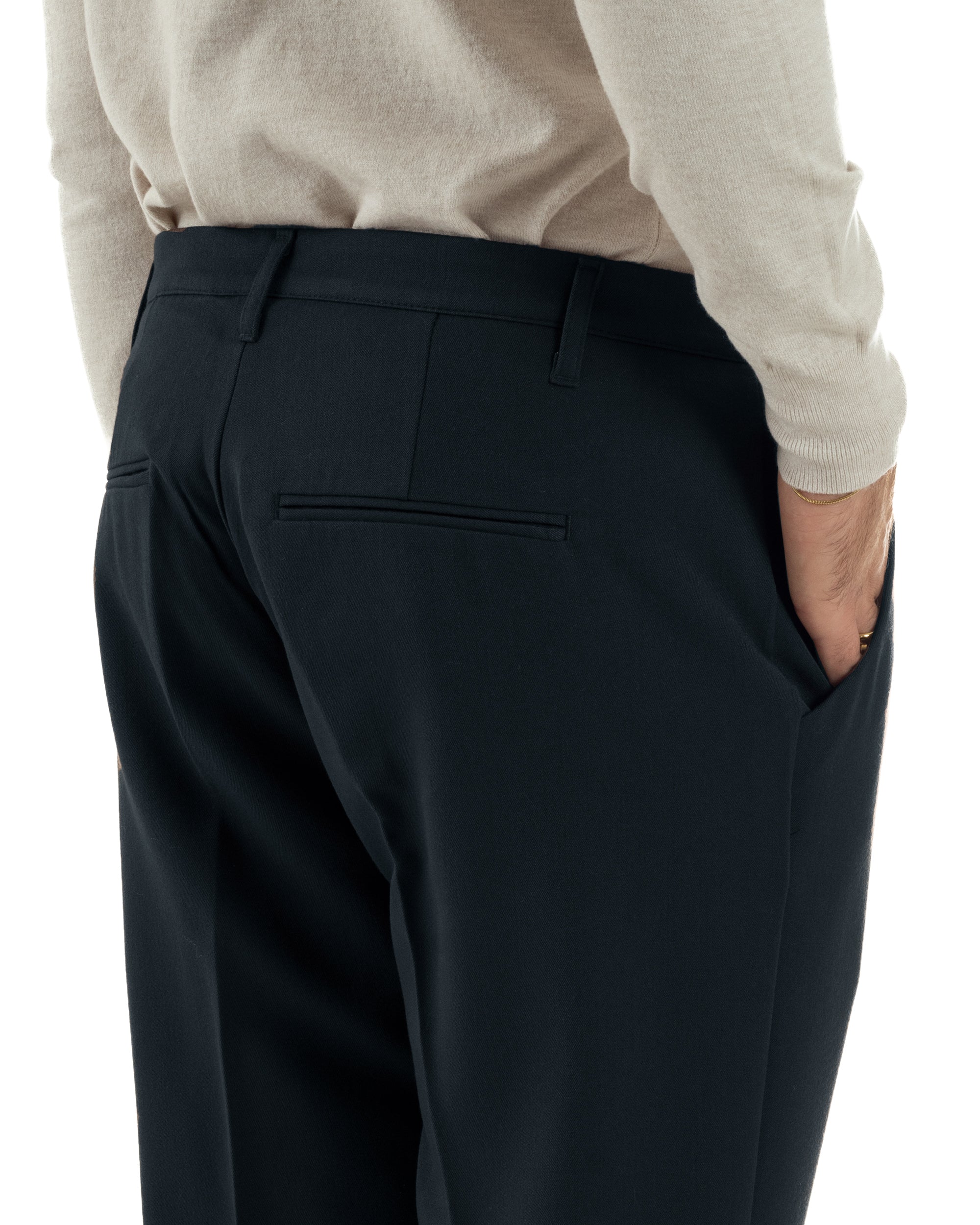 Pantaloni Uomo Viscosa Pinces Classico Abbottonatura Allungata Blu P6394A