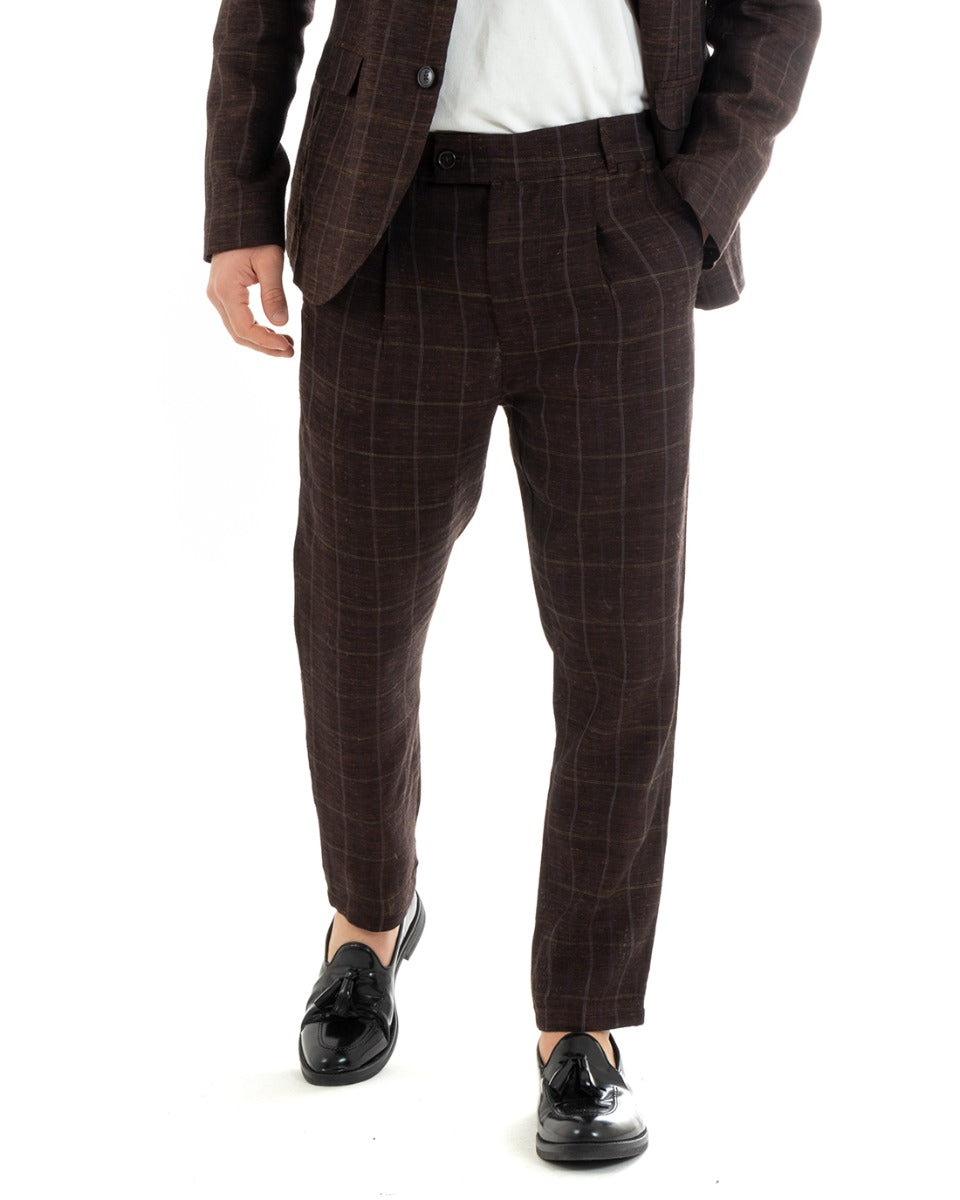 Pantaloni Uomo Tasca America Lino Classico Sartoriale Con Abbottonatura Allungata Con Pinces Scozzese Tartan Marrone GIOSAL-P5365A