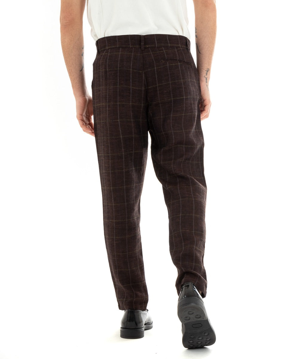 Pantaloni Uomo Tasca America Lino Classico Sartoriale Con Abbottonatura Allungata Con Pinces Scozzese Tartan Marrone GIOSAL-P5365A