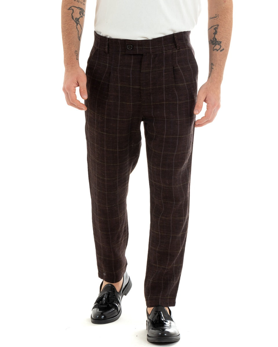 Pantaloni Uomo Lino Abbottonatura Allungata Classico Sartoriale Scozzese Quadri Marrone GIOSAL-P5365A