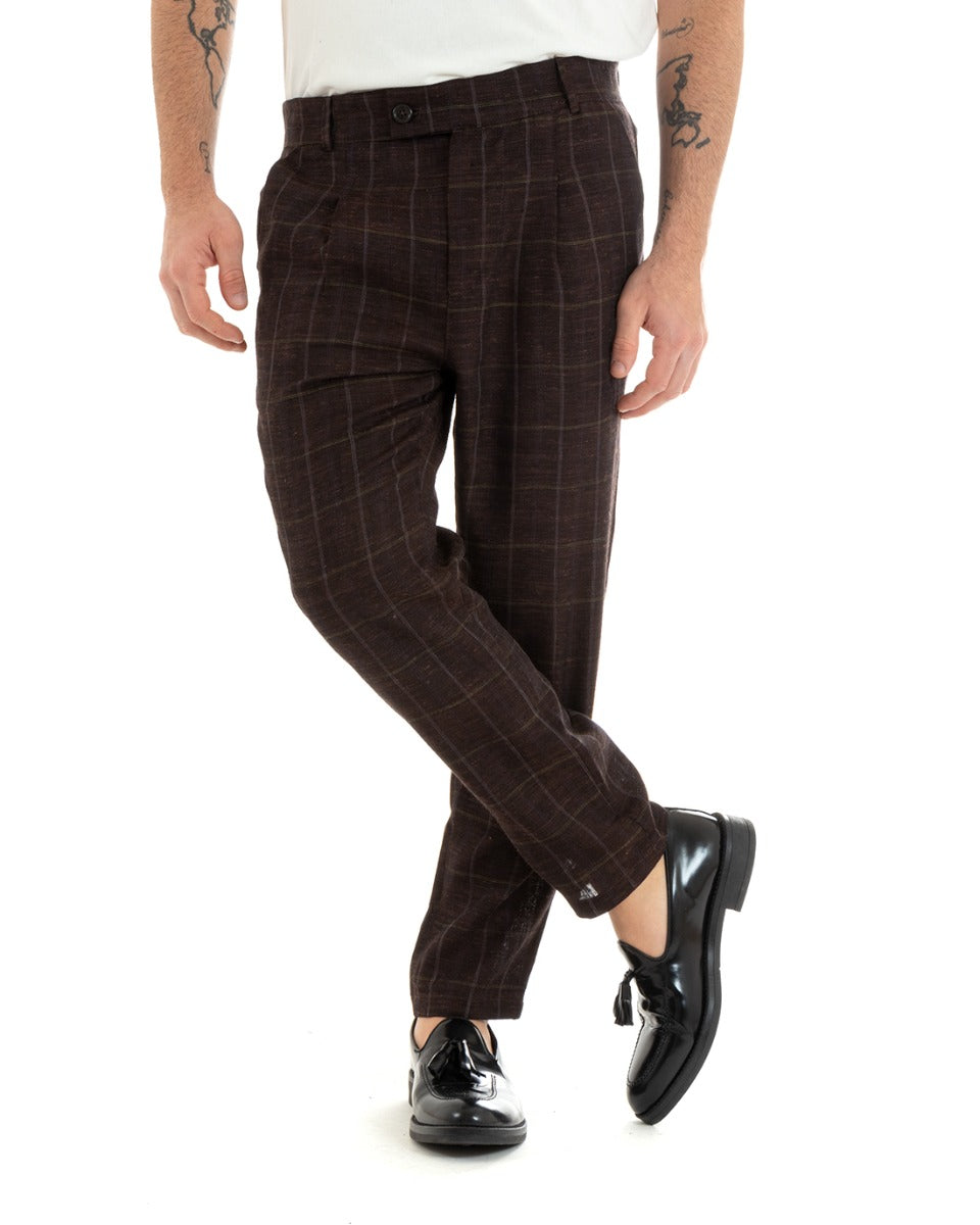 Pantaloni Uomo Tasca America Lino Classico Sartoriale Con Abbottonatura Allungata Con Pinces Scozzese Tartan Marrone GIOSAL-P5365A