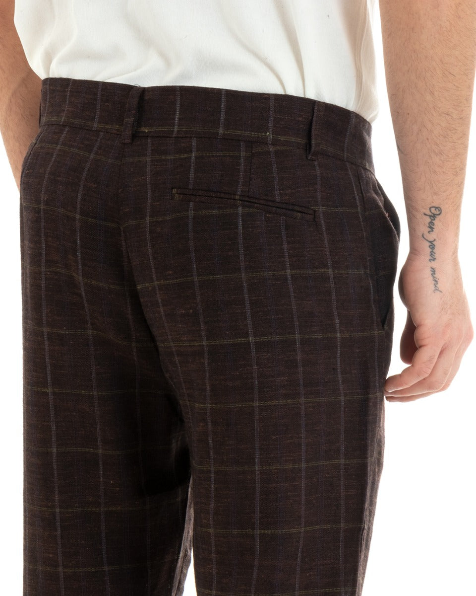 Pantaloni Uomo Lino Abbottonatura Allungata Classico Sartoriale Scozzese Quadri Marrone GIOSAL-P5365A