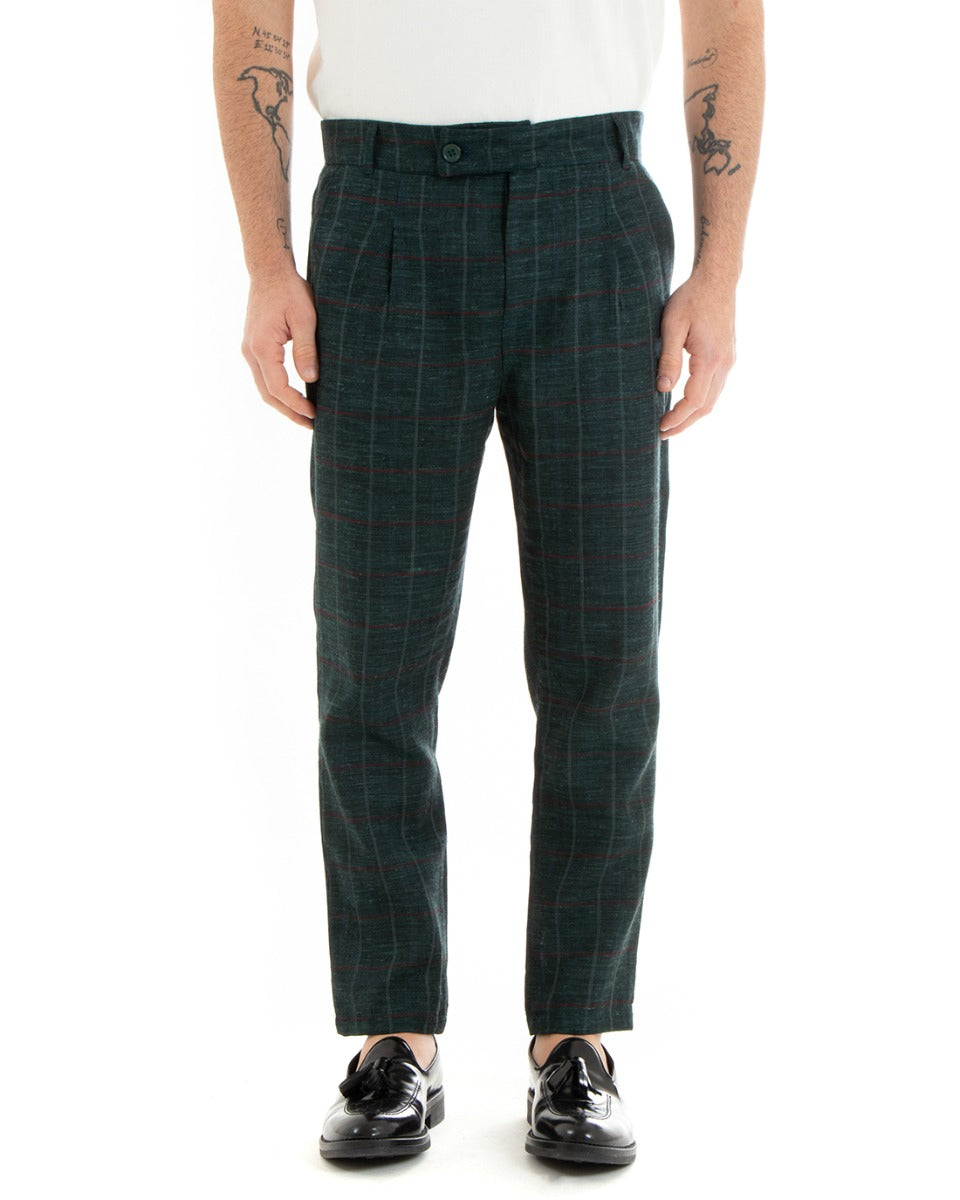 Pantaloni Uomo Tasca America Lino Classico Sartoriale Con Abbottonatura Allungata Con Pinces Scozzese Tartan Verde GIOSAL-P3827A