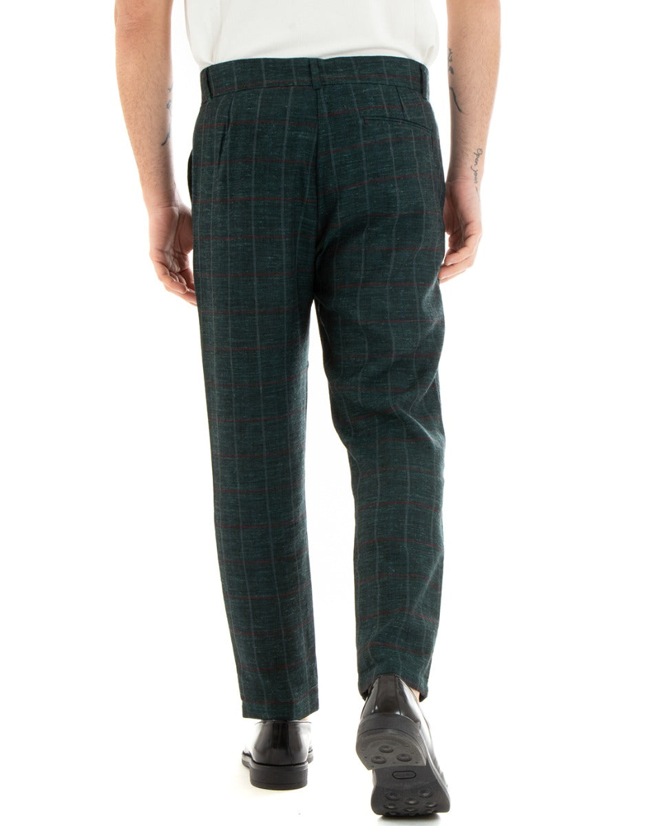 Pantaloni Uomo Tasca America Lino Classico Sartoriale Con Abbottonatura Allungata Con Pinces Scozzese Tartan Verde GIOSAL-P3827A