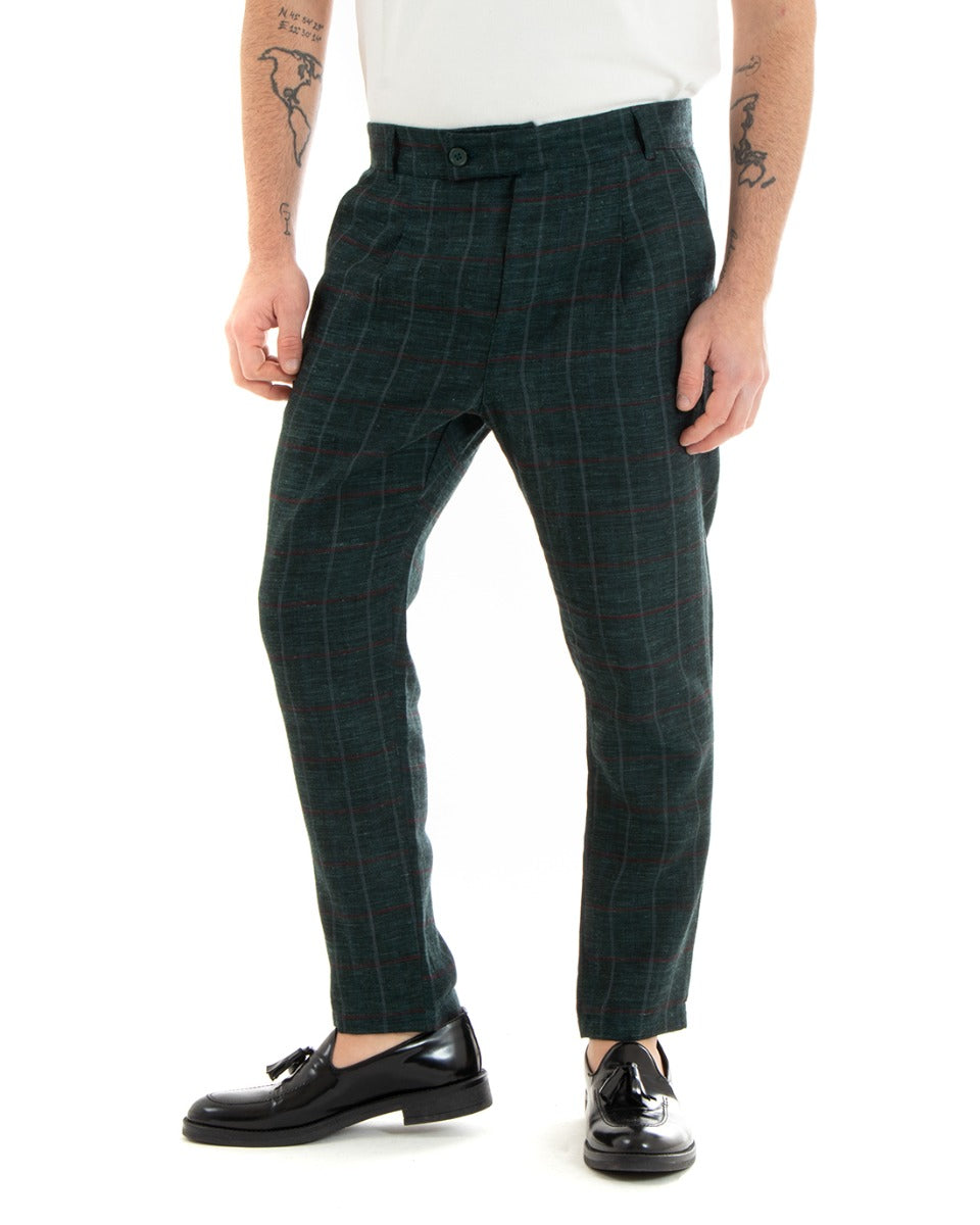 Pantaloni Uomo Tasca America Lino Classico Sartoriale Con Abbottonatura Allungata Con Pinces Scozzese Tartan Verde GIOSAL-P3827A