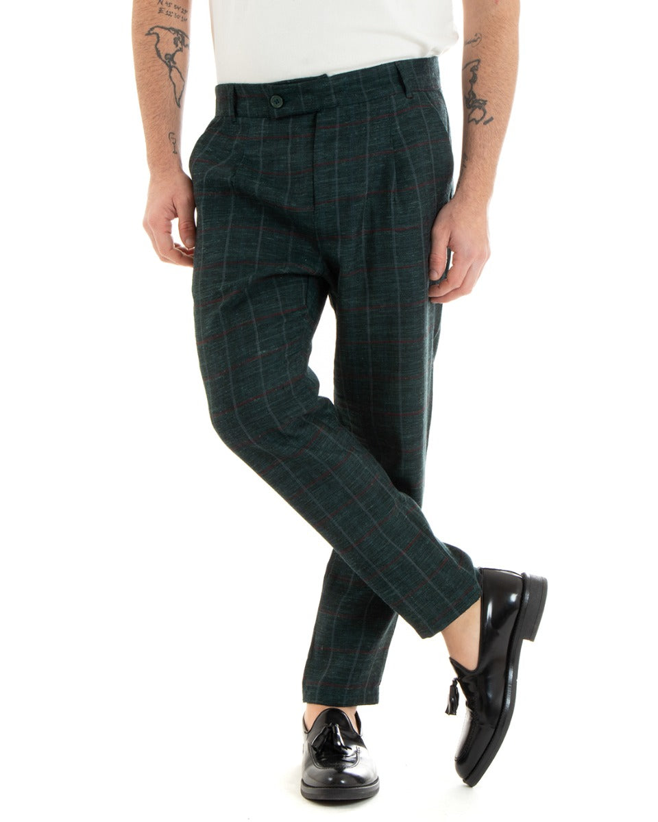 Pantaloni Uomo Tasca America Lino Classico Sartoriale Con Abbottonatura Allungata Con Pinces Scozzese Tartan Verde GIOSAL-P3827A