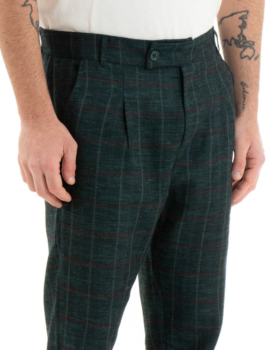 Pantaloni Uomo Tasca America Lino Classico Sartoriale Con Abbottonatura Allungata Con Pinces Scozzese Tartan Verde GIOSAL-P3827A