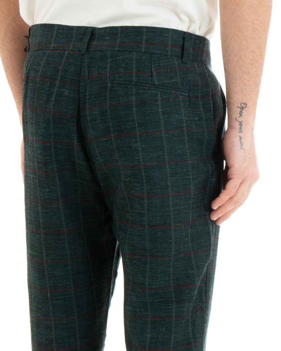 Pantaloni Uomo Tasca America Lino Classico Sartoriale Con Abbottonatura Allungata Con Pinces Scozzese Tartan Verde GIOSAL-P3827A