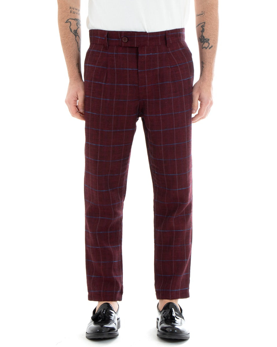 Pantaloni Uomo Tasca America Lino Classico Sartoriale Con Abbottonatura Allungata Con Pinces Scozzese Tartan Bordeaux GIOSAL-P3826A