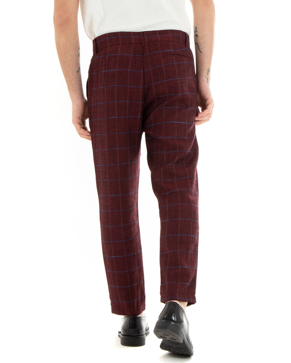 Pantaloni Uomo Tasca America Lino Classico Sartoriale Con Abbottonatura Allungata Con Pinces Scozzese Tartan Bordeaux GIOSAL-P3826A