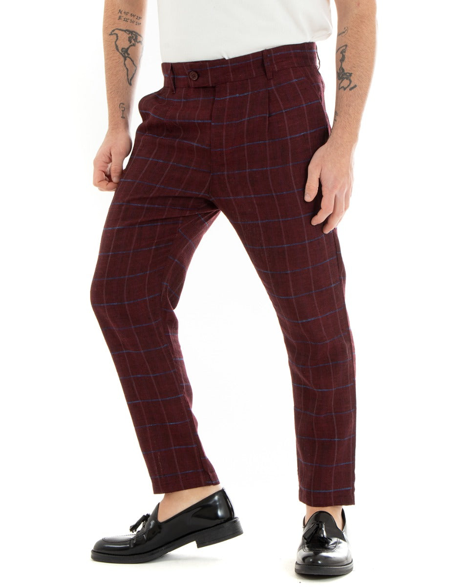Pantaloni Uomo Tasca America Lino Classico Sartoriale Con Abbottonatura Allungata Con Pinces Scozzese Tartan Bordeaux GIOSAL-P3826A