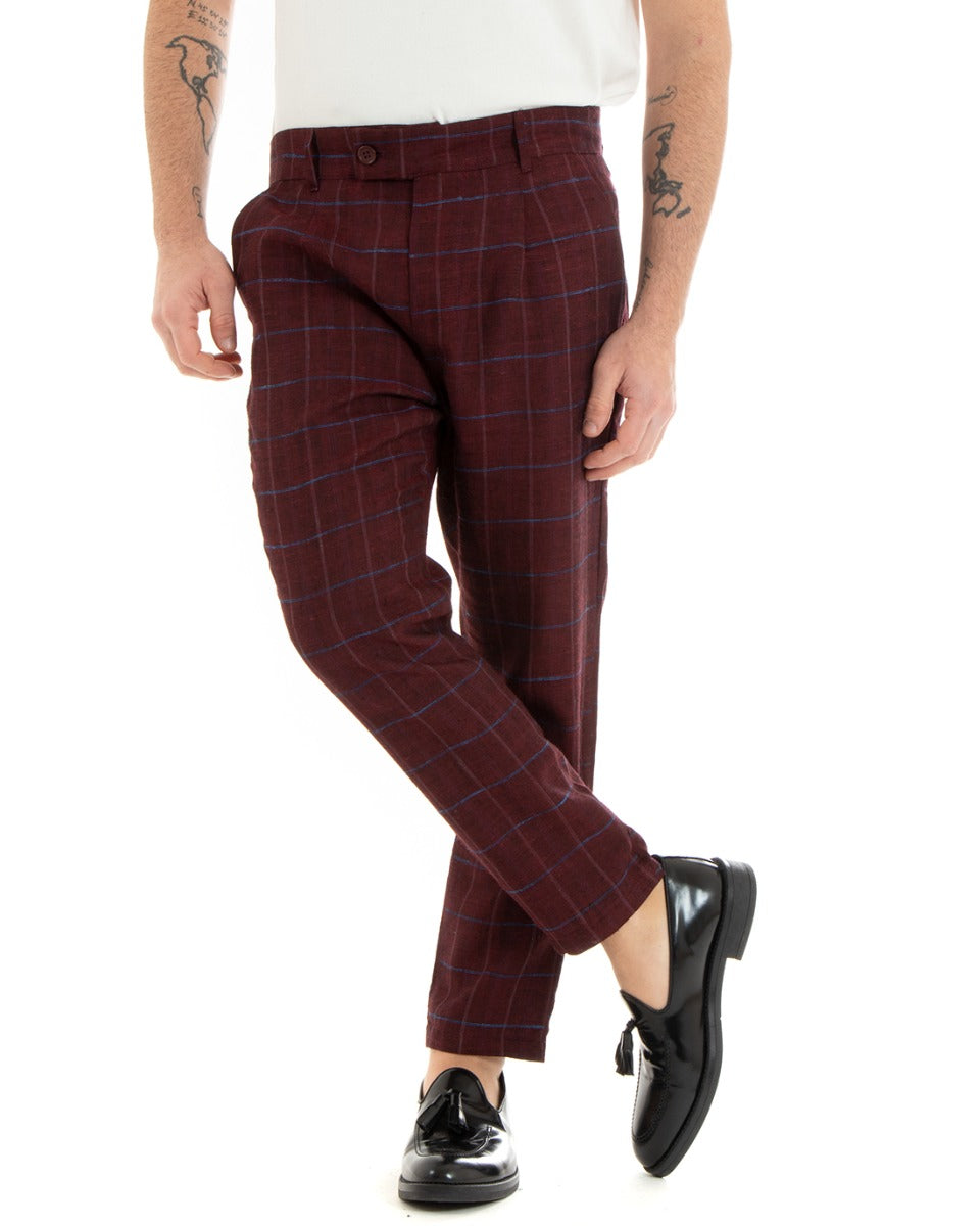 Pantaloni Uomo Tasca America Lino Classico Sartoriale Con Abbottonatura Allungata Con Pinces Scozzese Tartan Bordeaux GIOSAL-P3826A