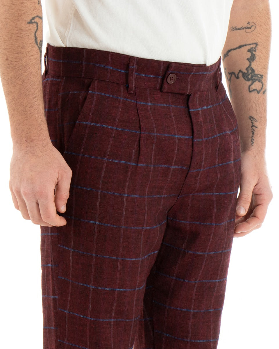 Pantaloni Uomo Tasca America Lino Classico Sartoriale Con Abbottonatura Allungata Con Pinces Scozzese Tartan Bordeaux GIOSAL-P3826A