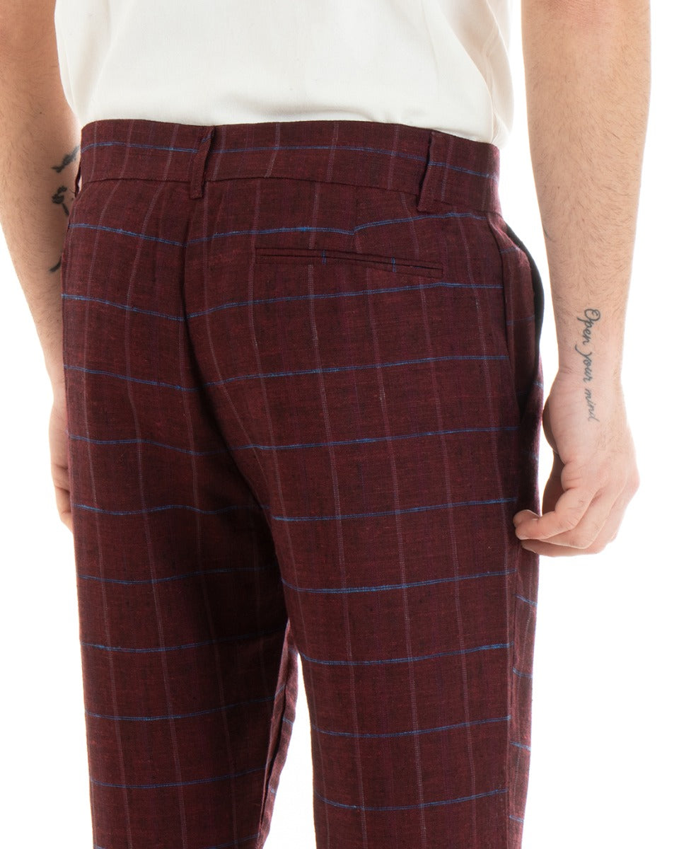Pantaloni Uomo Tasca America Lino Classico Sartoriale Con Abbottonatura Allungata Con Pinces Scozzese Tartan Bordeaux GIOSAL-P3826A