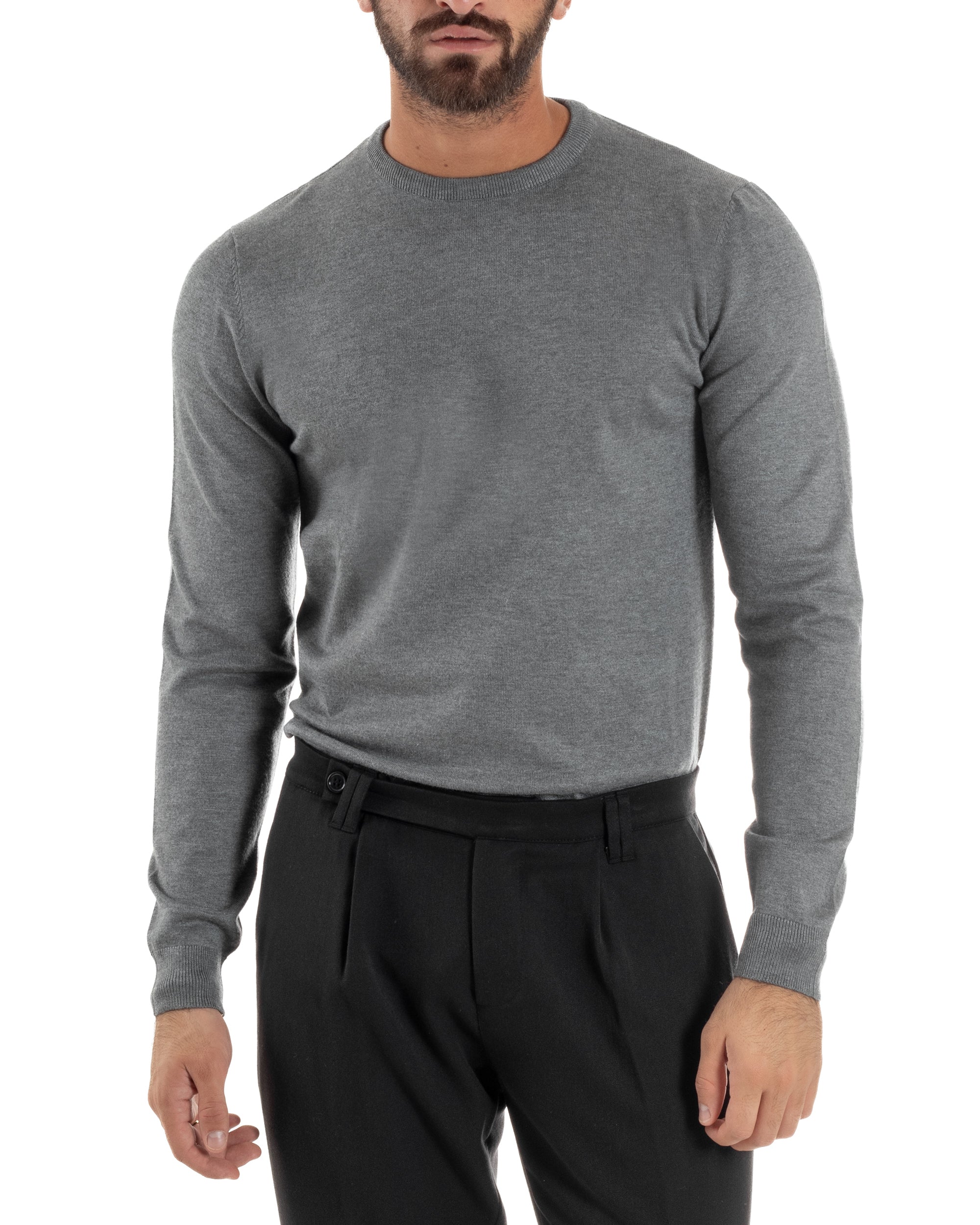Maglioncino Uomo Girocollo Basic Tinta Unita Grigio Chiaro M2507A