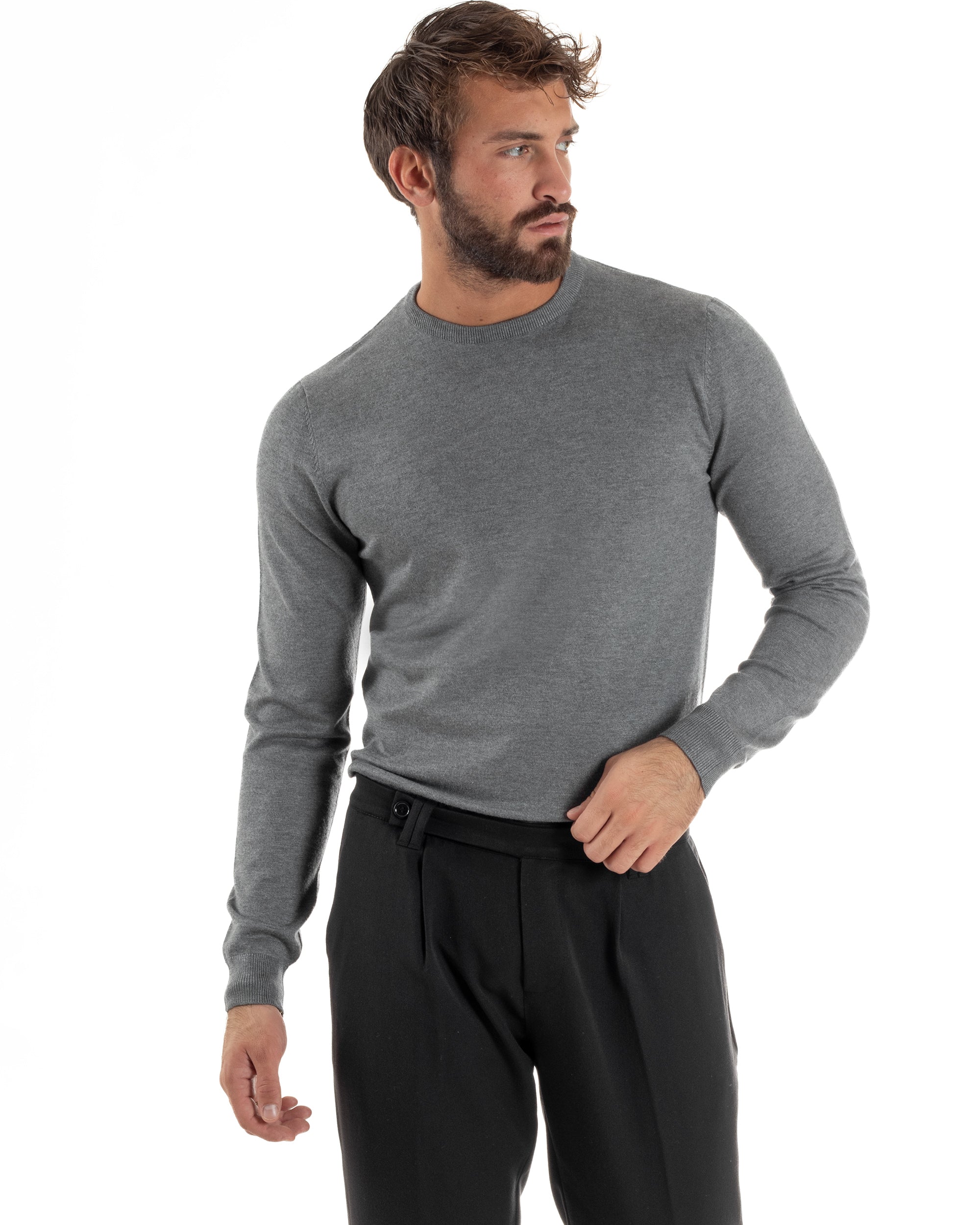 Maglioncino Uomo Girocollo Basic Tinta Unita Grigio Chiaro M2507A