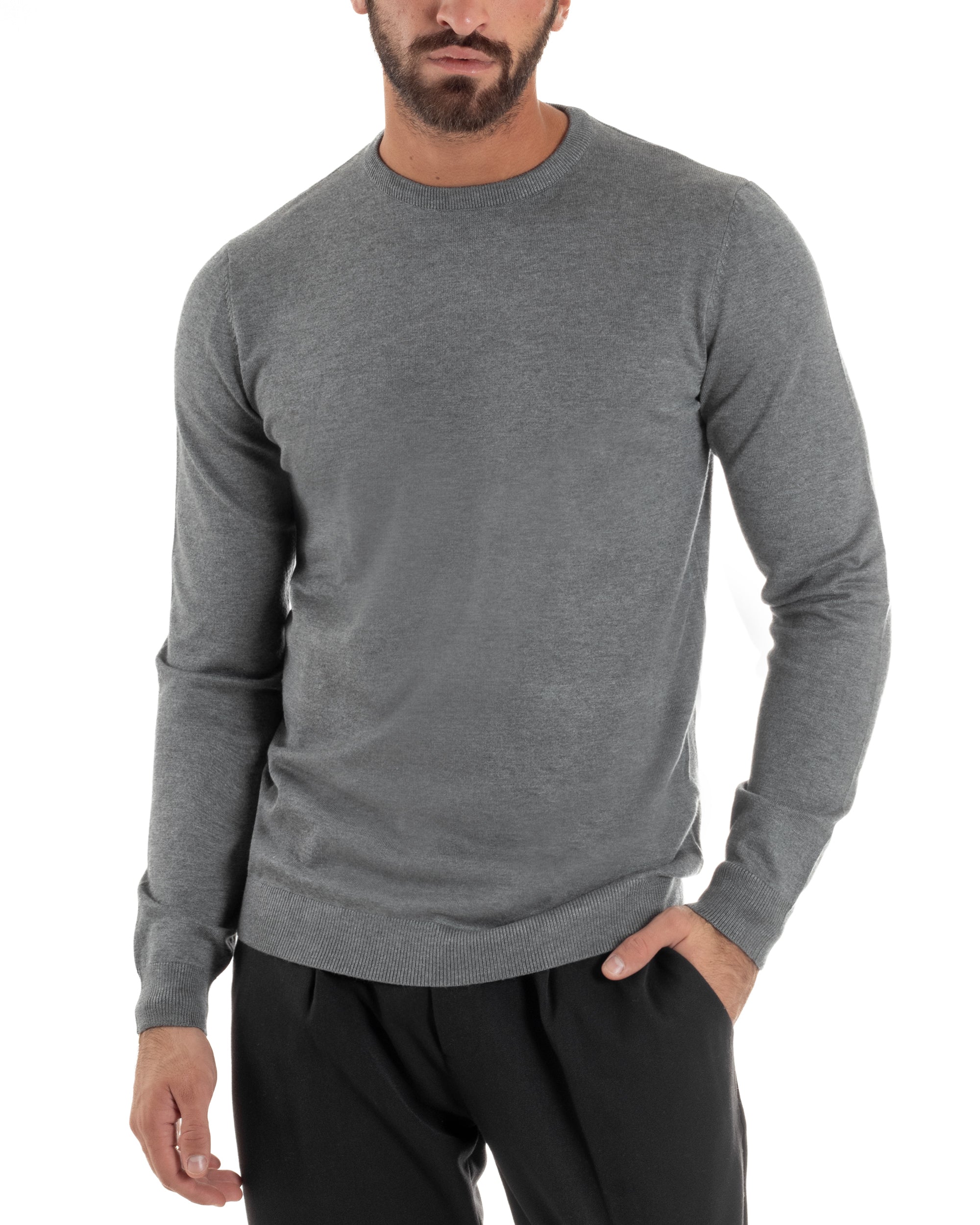 Maglioncino Uomo Girocollo Basic Tinta Unita Grigio Chiaro M2507A