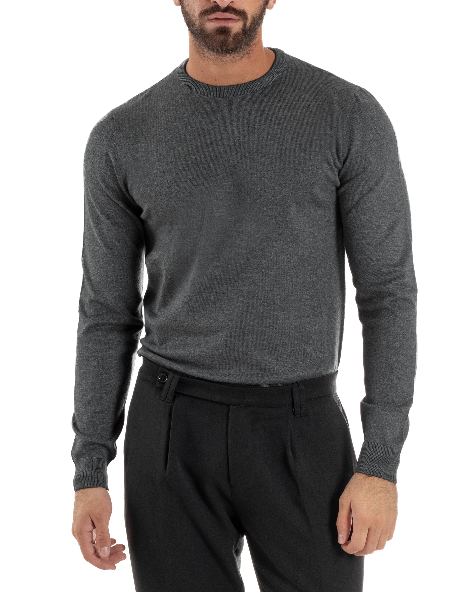 Maglioncino Uomo Girocollo Basic Tinta Unita Grigio Scuro M2500A
