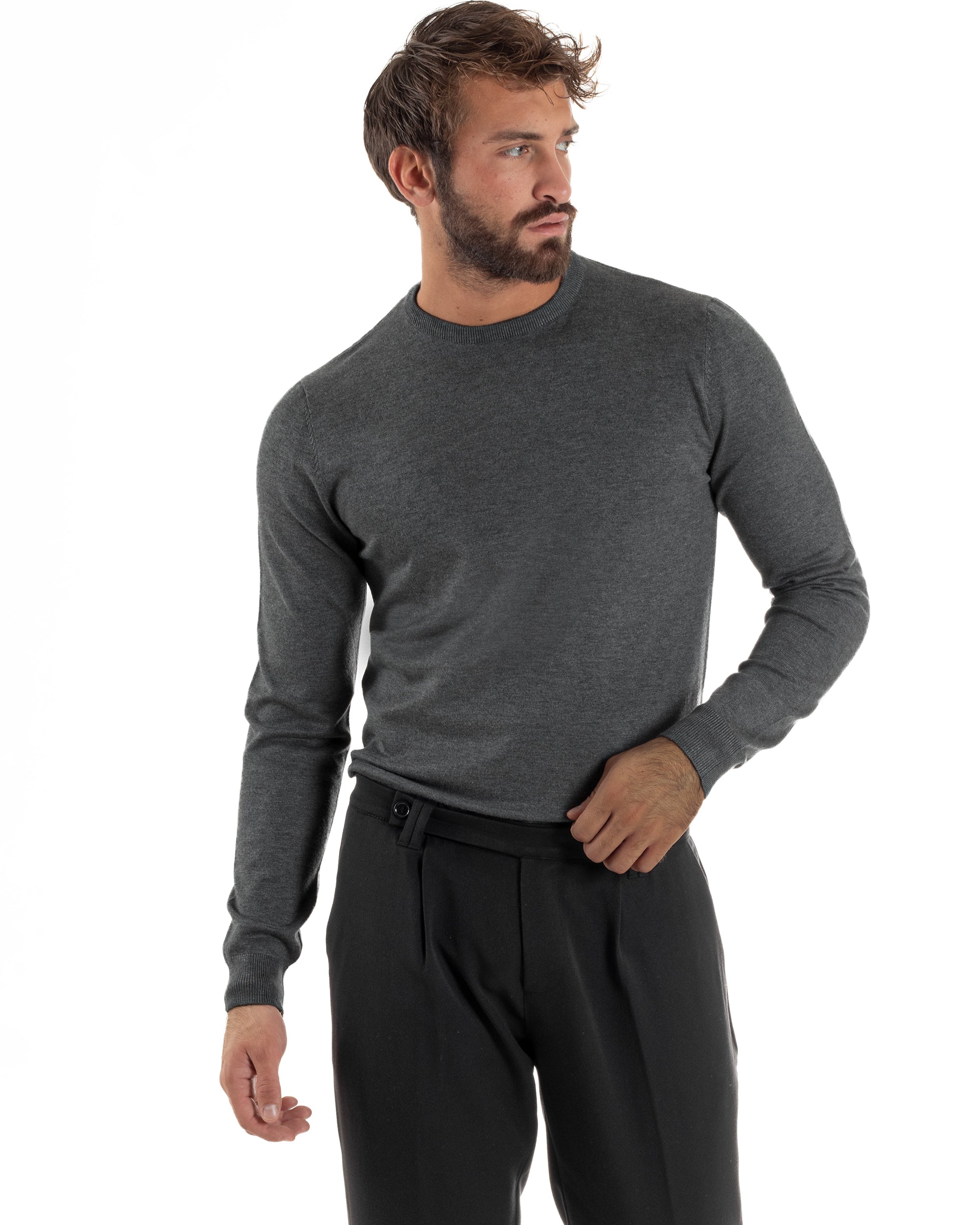 Maglioncino Uomo Girocollo Basic Tinta Unita Grigio Scuro M2500A