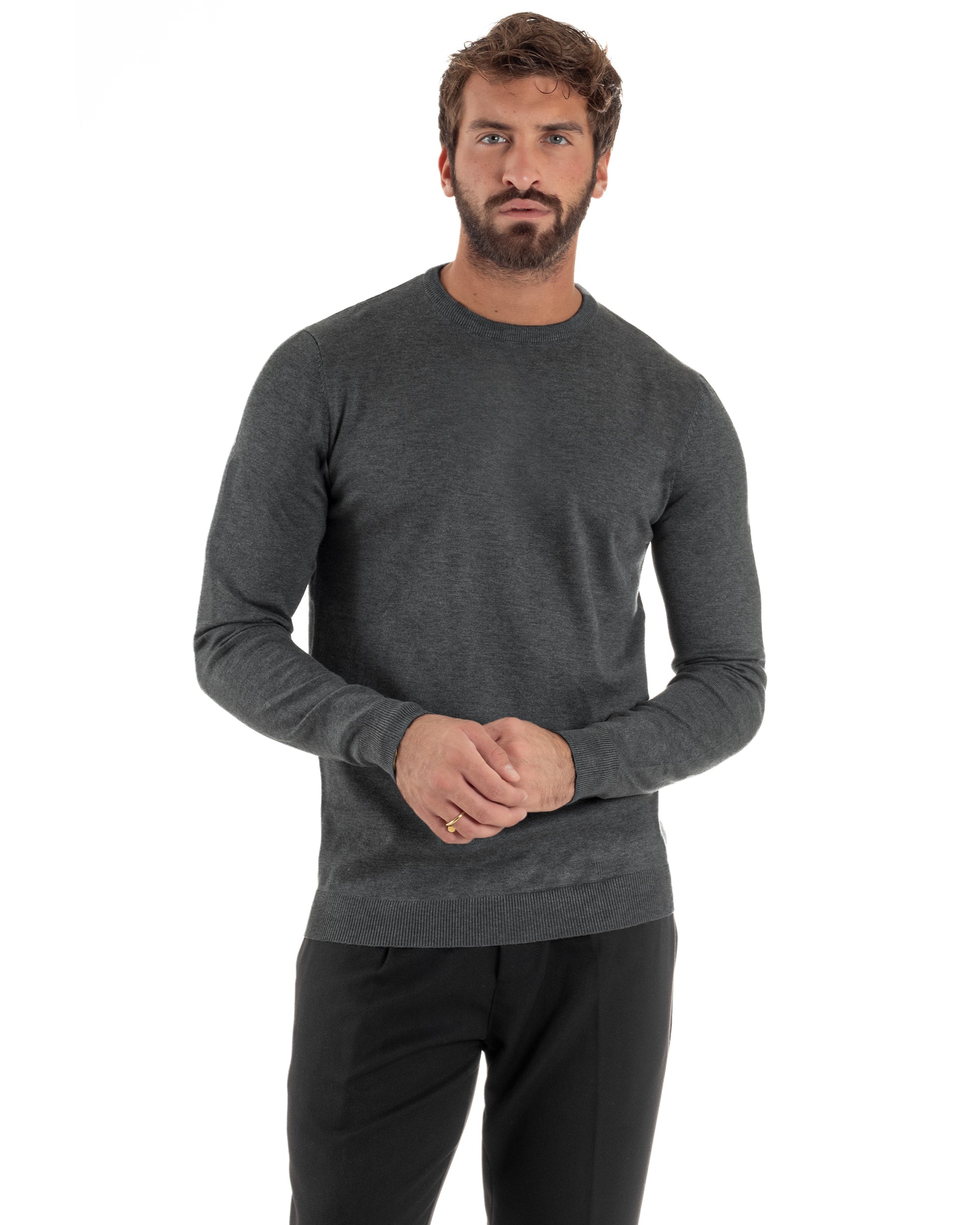 Maglioncino Uomo Girocollo Basic Tinta Unita Grigio Scuro M2500A