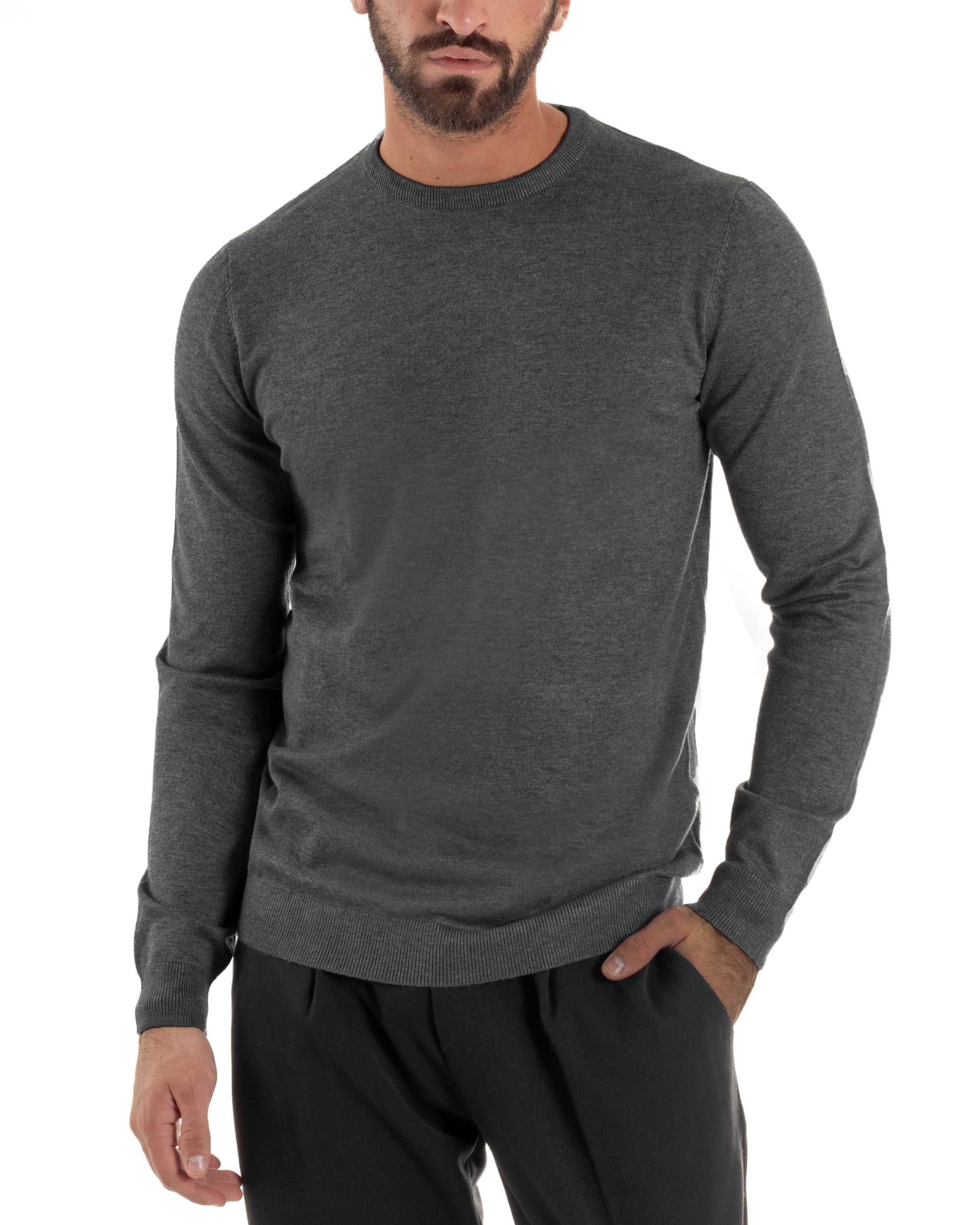 Maglioncino Uomo Girocollo Basic Tinta Unita Grigio Scuro M2500A