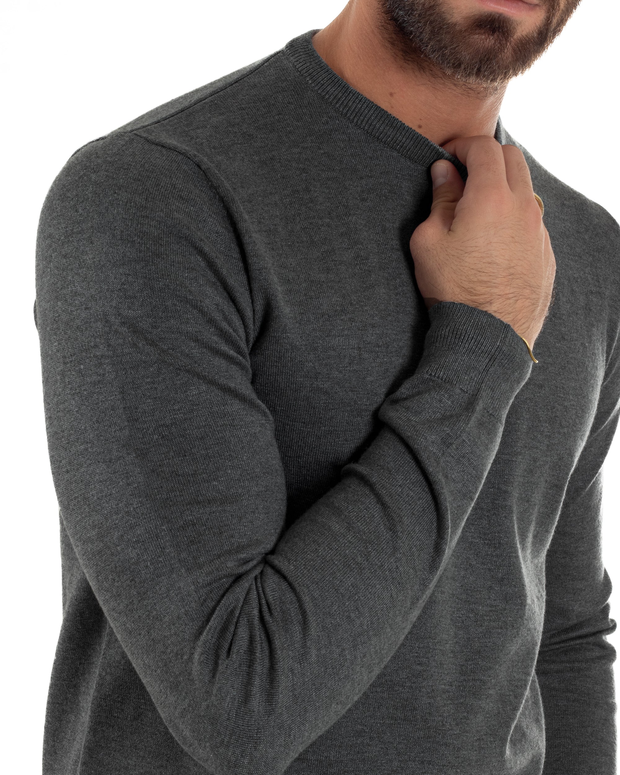 Maglioncino Uomo Girocollo Basic Tinta Unita Grigio Scuro M2500A